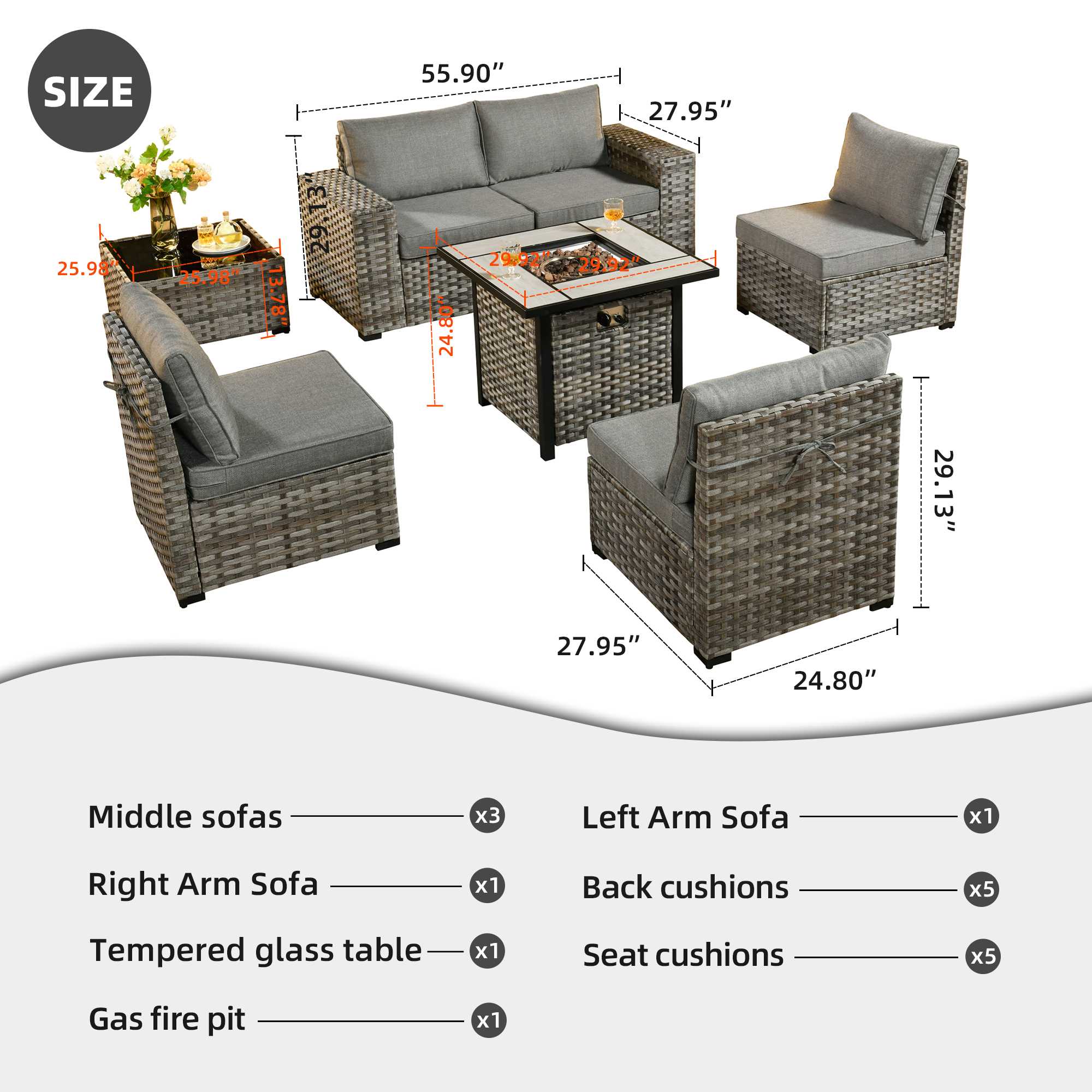 OVIOS 7 Pieces Patio Furniture Set with 7.68'' Broad Handrails and 30'' Fire Pit Table