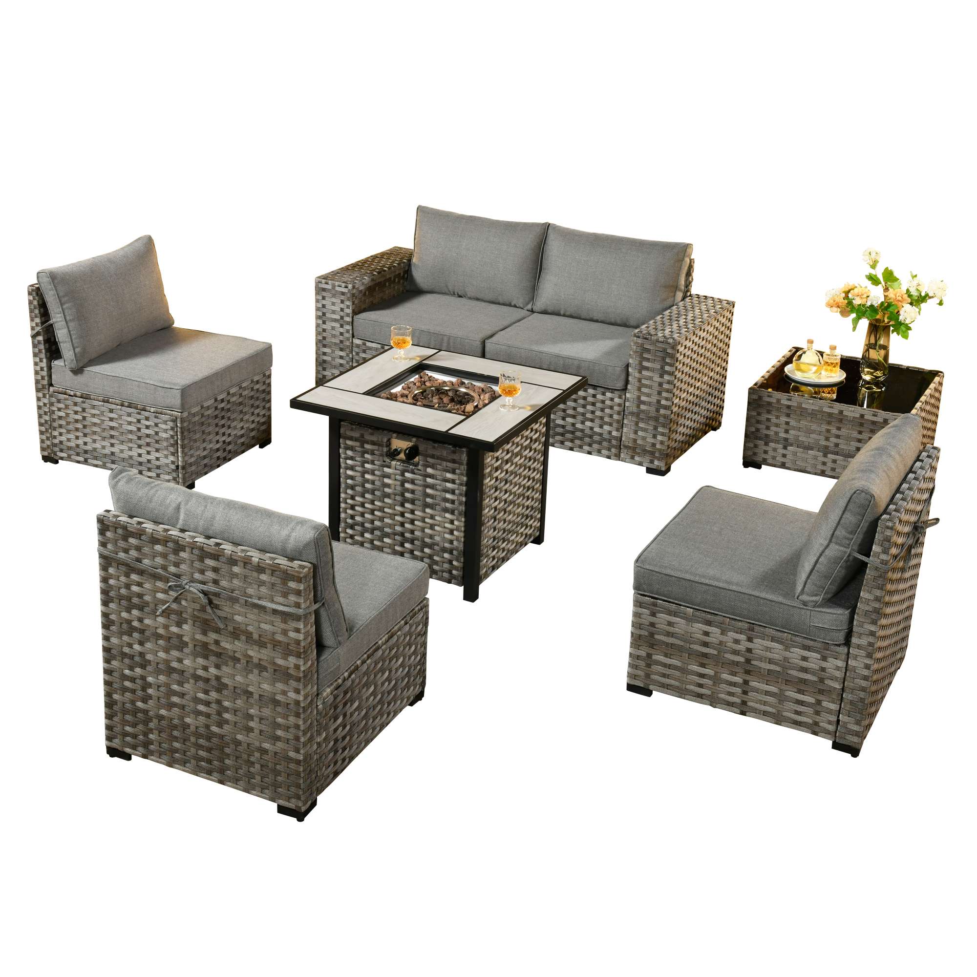 OVIOS 7 Pieces Patio Furniture Set with 7.68'' Broad Handrails and 30'' Fire Pit Table