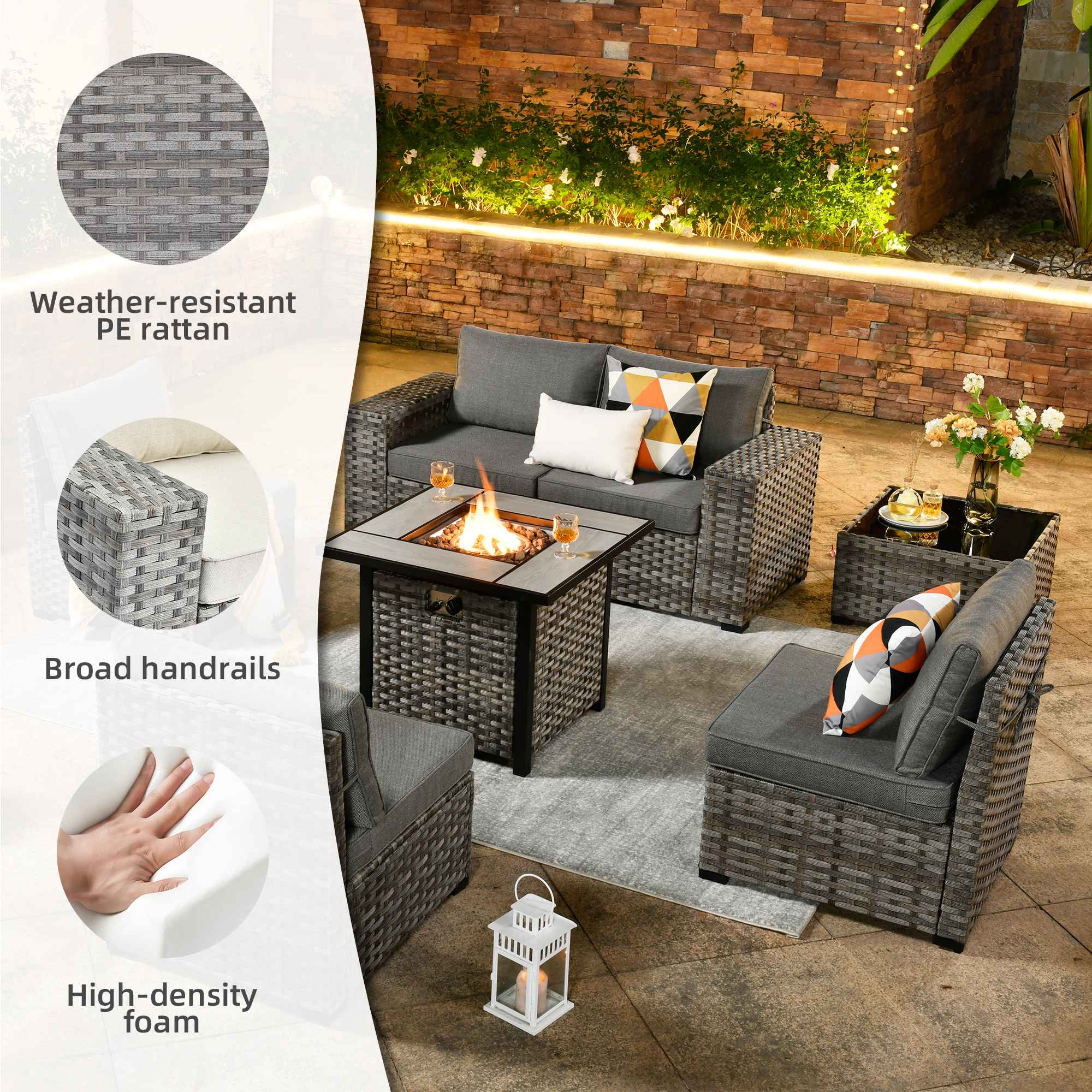 OVIOS 7 Pieces Patio Furniture Set with 7.68'' Broad Handrails and 30'' Fire Pit Table