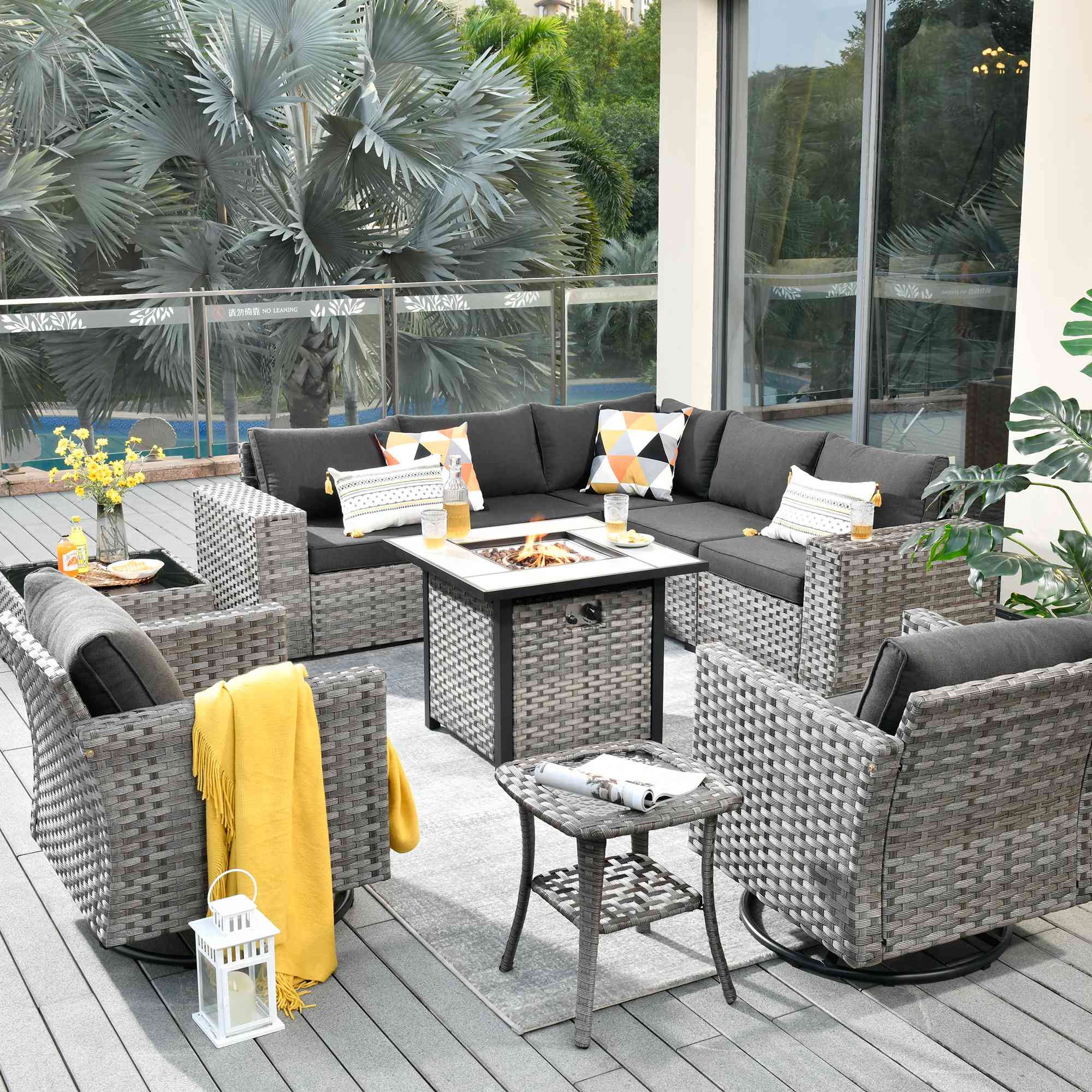OVIOS patio furniture set with gray wicker, dark gray cushions, and fire pit table #color_black