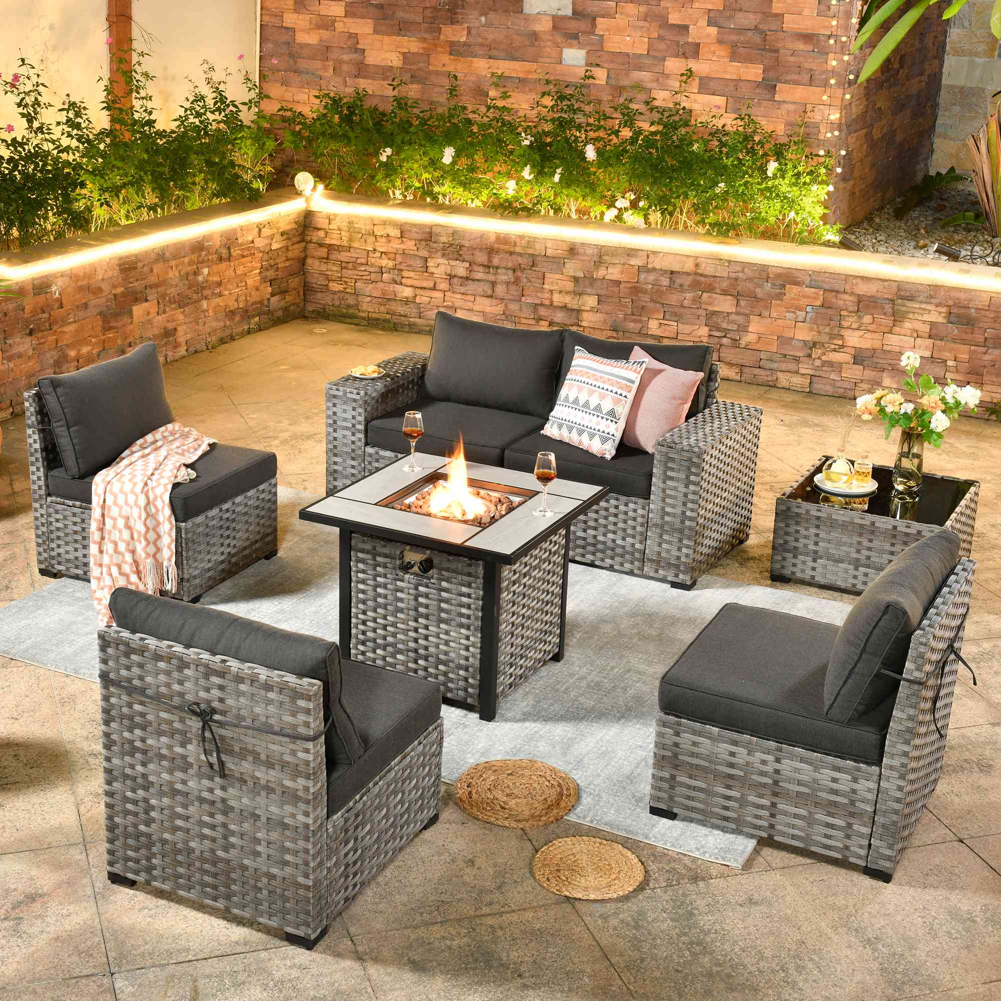 OVIOS patio furniture set with fire pit: gray wicker sofa and chairs #color_black