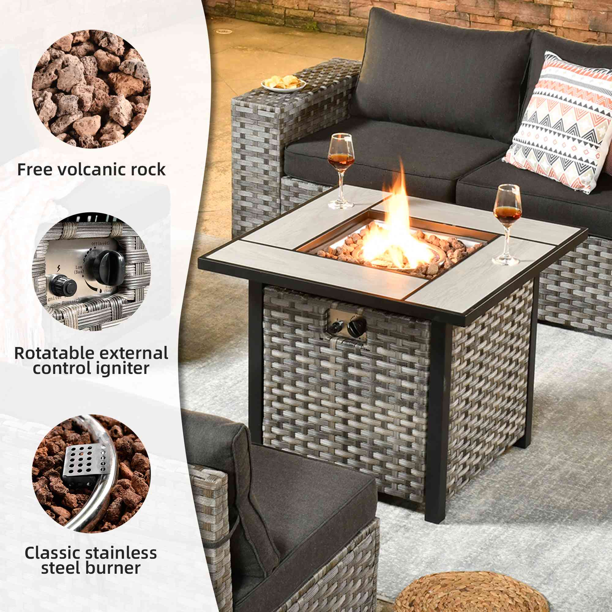 OVIOS 7 Pieces Patio Furniture Set with 7.68'' Broad Handrails and 30'' Fire Pit Table