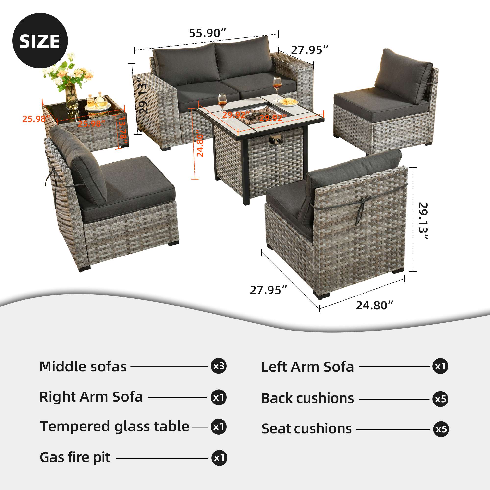 OVIOS 7 Pieces Patio Furniture Set with 7.68'' Broad Handrails and 30'' Fire Pit Table
