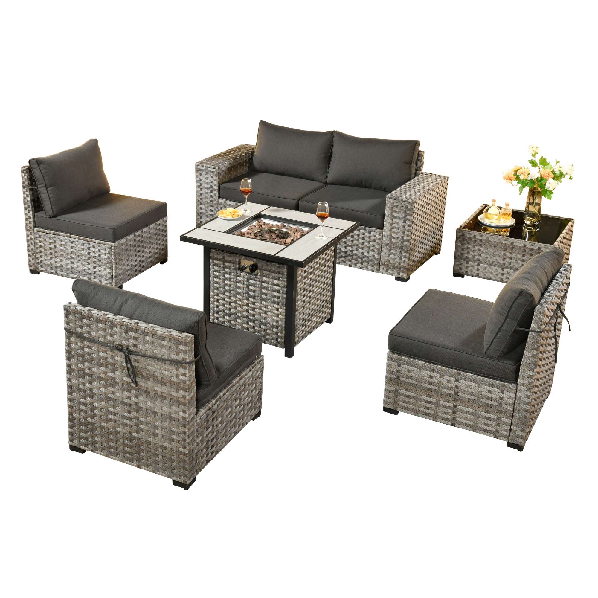 OVIOS 7 Pieces Patio Furniture Set with 7.68'' Broad Handrails and 30'' Fire Pit Table