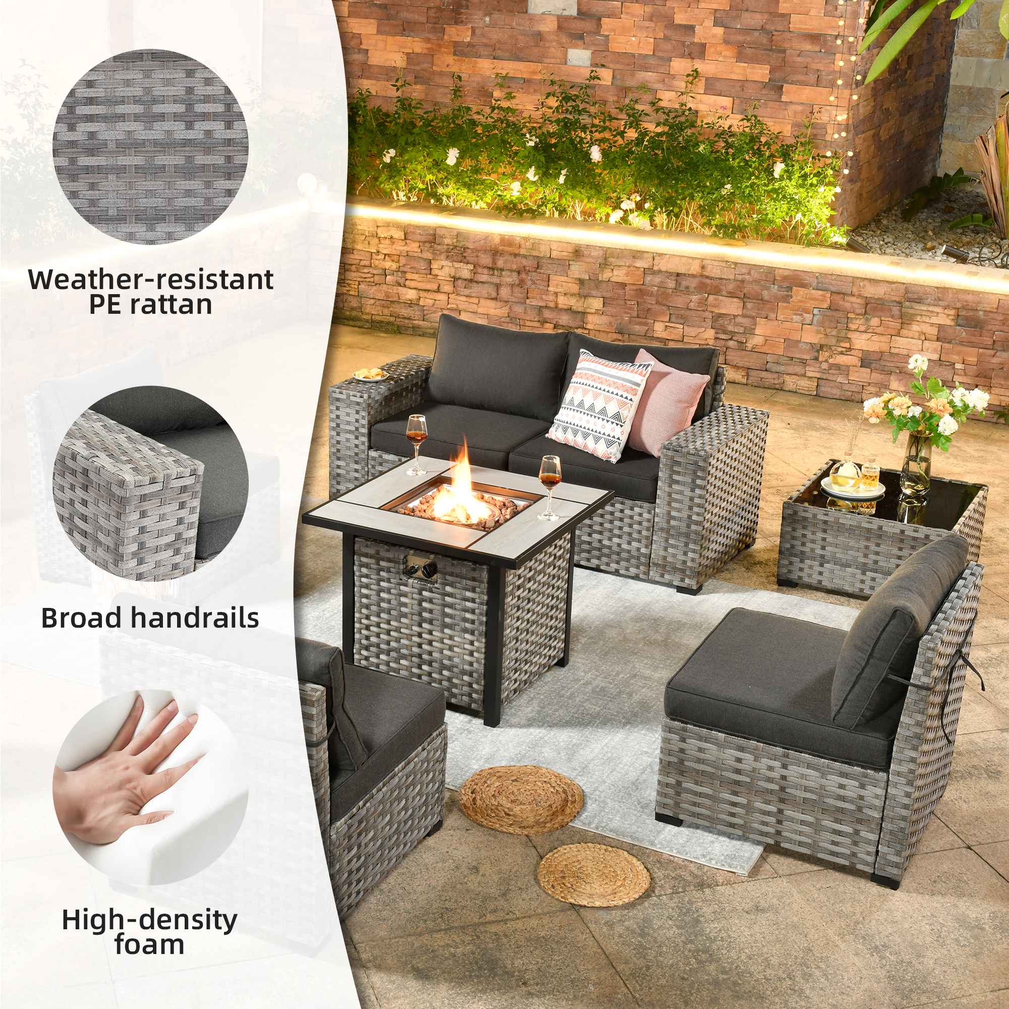 OVIOS 7 Pieces Patio Furniture Set with 7.68'' Broad Handrails and 30'' Fire Pit Table
