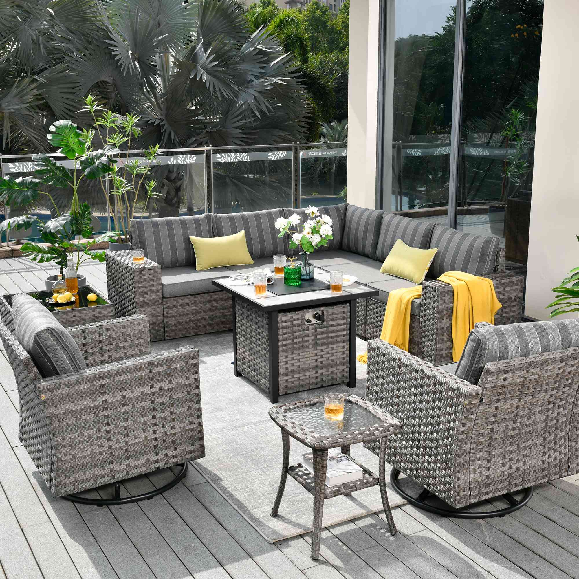 OVIOS gray wicker sectional patio furniture set with fire pit table #color_strip grey