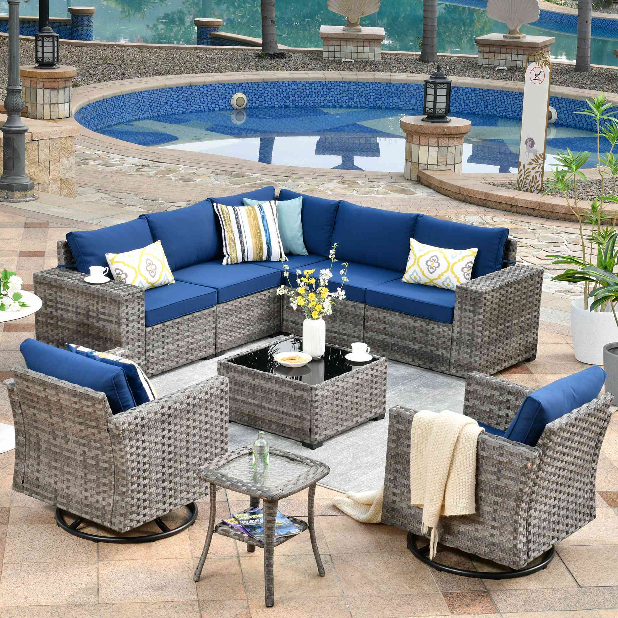 OVIOS outdoor furniture set with gray wicker and blue cushions, ideal for patio relaxation and leisure time. #color_navy blue