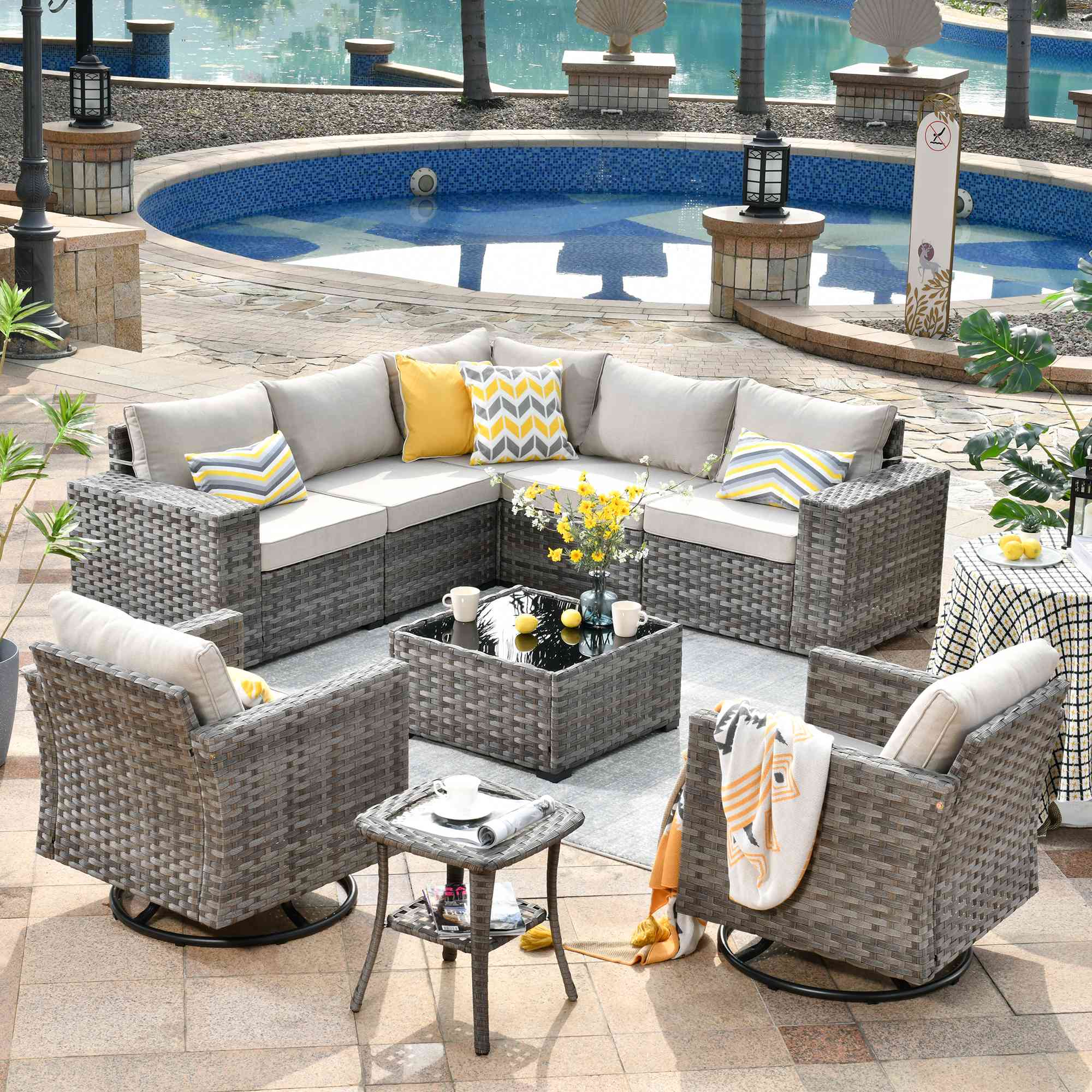 OVIOS 9-Piece Outdoor Furniture Set with gray wicker, light gray cushions, and swivel chairs #color_beige