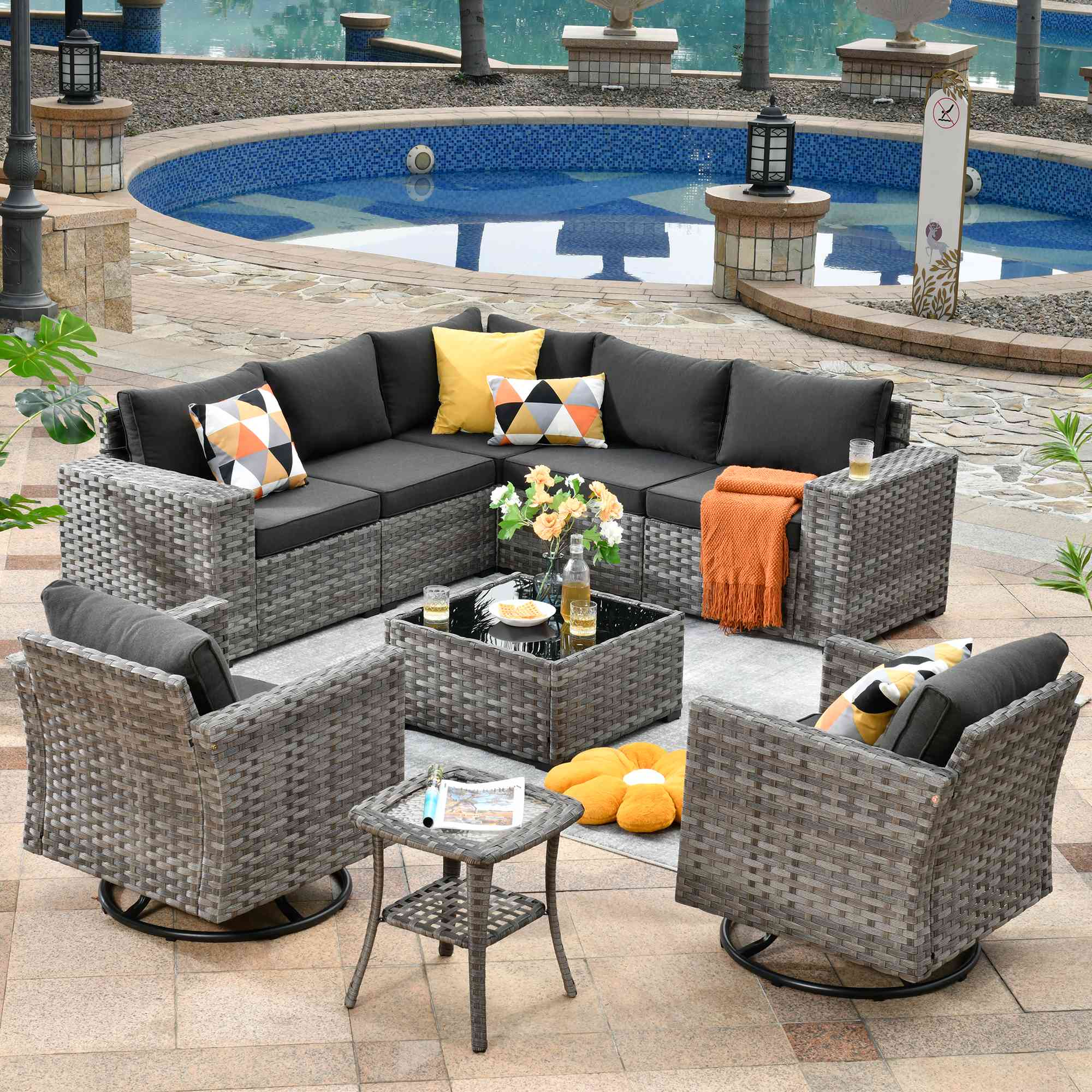 OVIOS 9-Piece Outdoor Furniture Set with gray wicker and swivel chairs, ideal for patio relaxation. #color_black