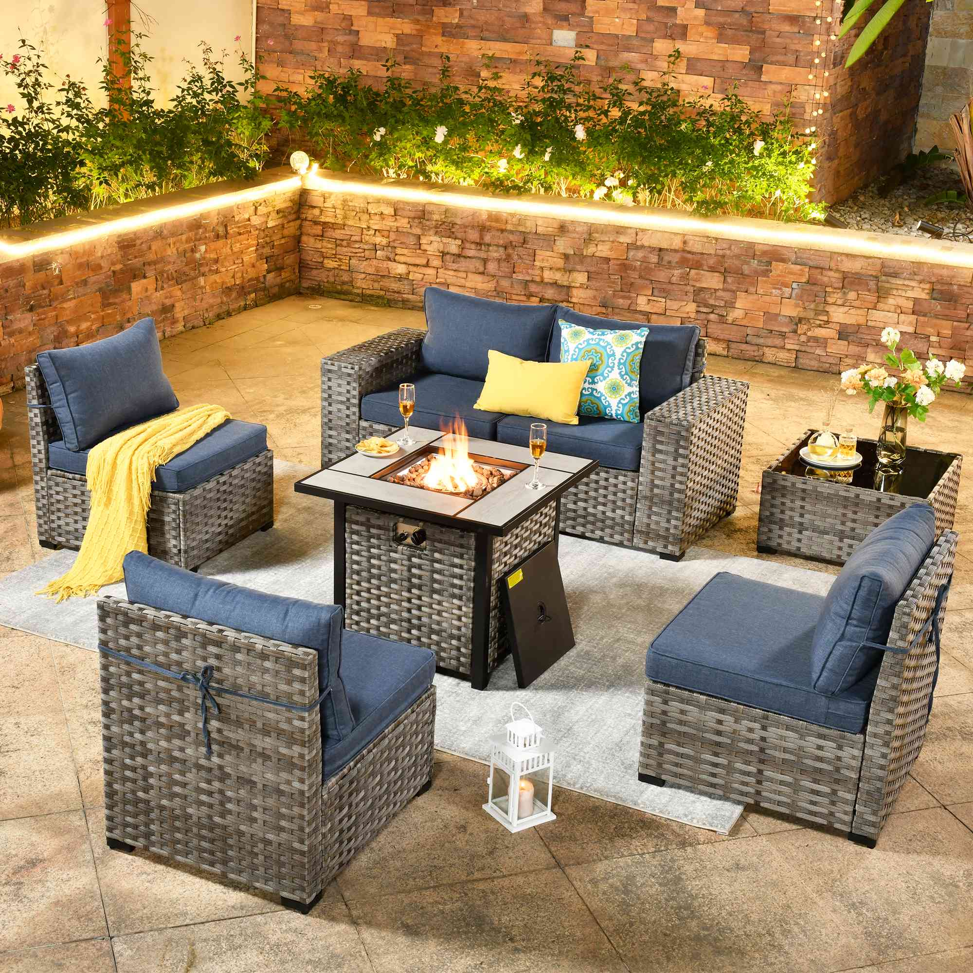 OVIOS 7 Pieces Patio Furniture Set with 7.68'' Broad Handrails and 30'' Fire Pit Table