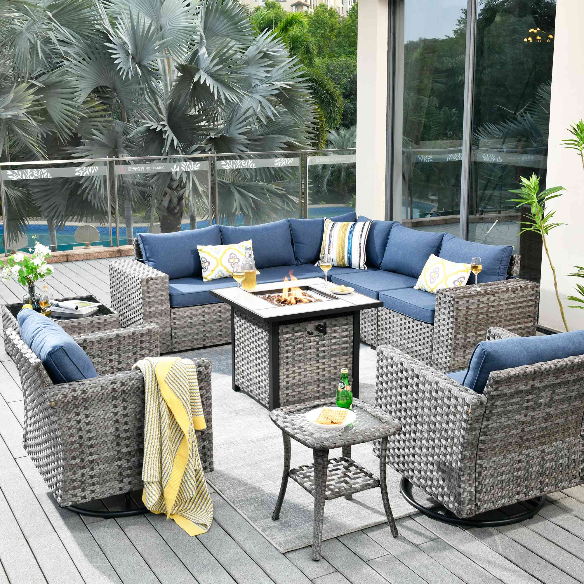 OVIOS 10 Pieces Patio Furniture Set with fire pit table, blue cushions and gray wicker #color_denim blue