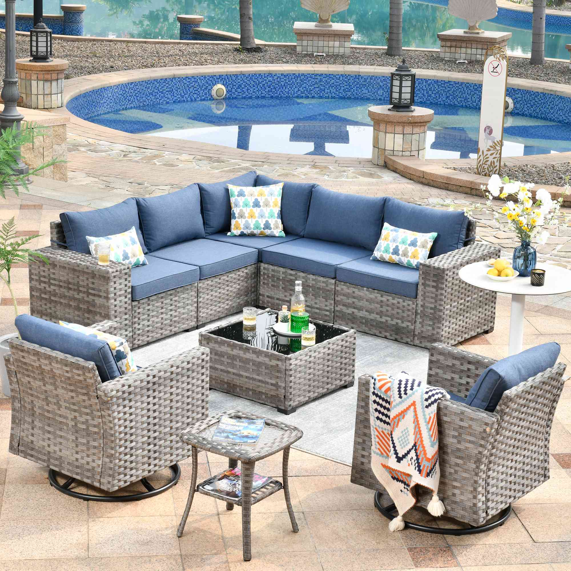OVIOS 9-piece outdoor furniture set with gray wicker and blue cushions #color_denim blue