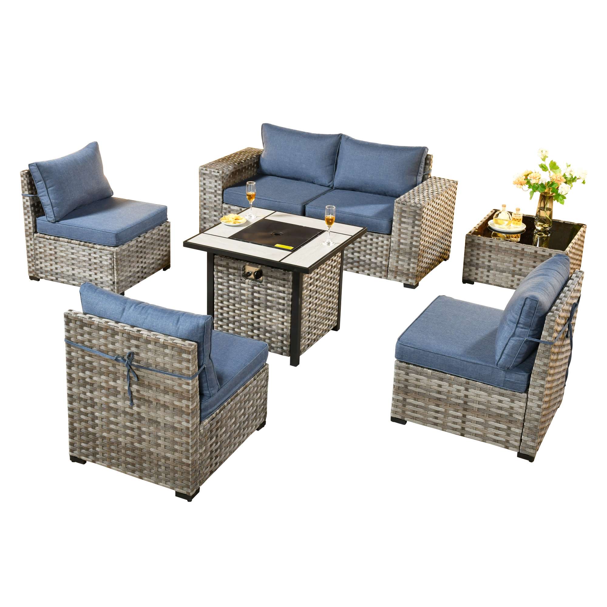 OVIOS 7 Pieces Patio Furniture Set with 7.68'' Broad Handrails and 30'' Fire Pit Table