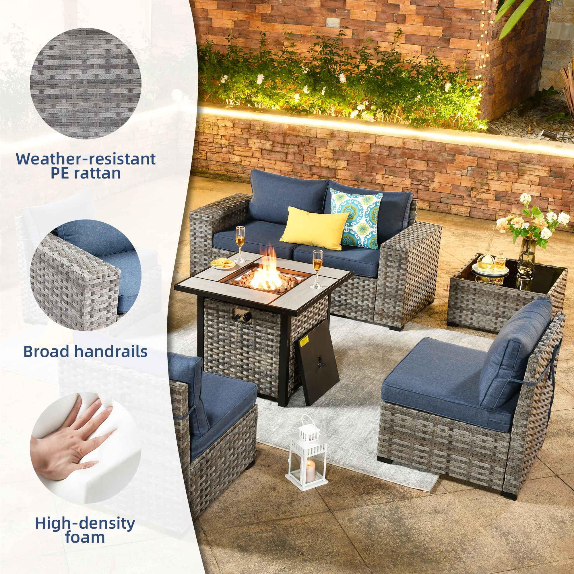 OVIOS 7 Pieces Patio Furniture Set with 7.68'' Broad Handrails and 30'' Fire Pit Table