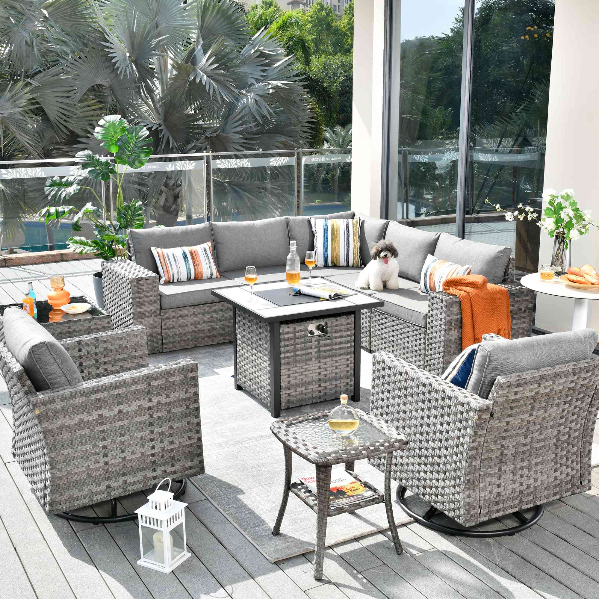 OVIOS patio furniture set with fire pit table and rocking chair #color_dark grey