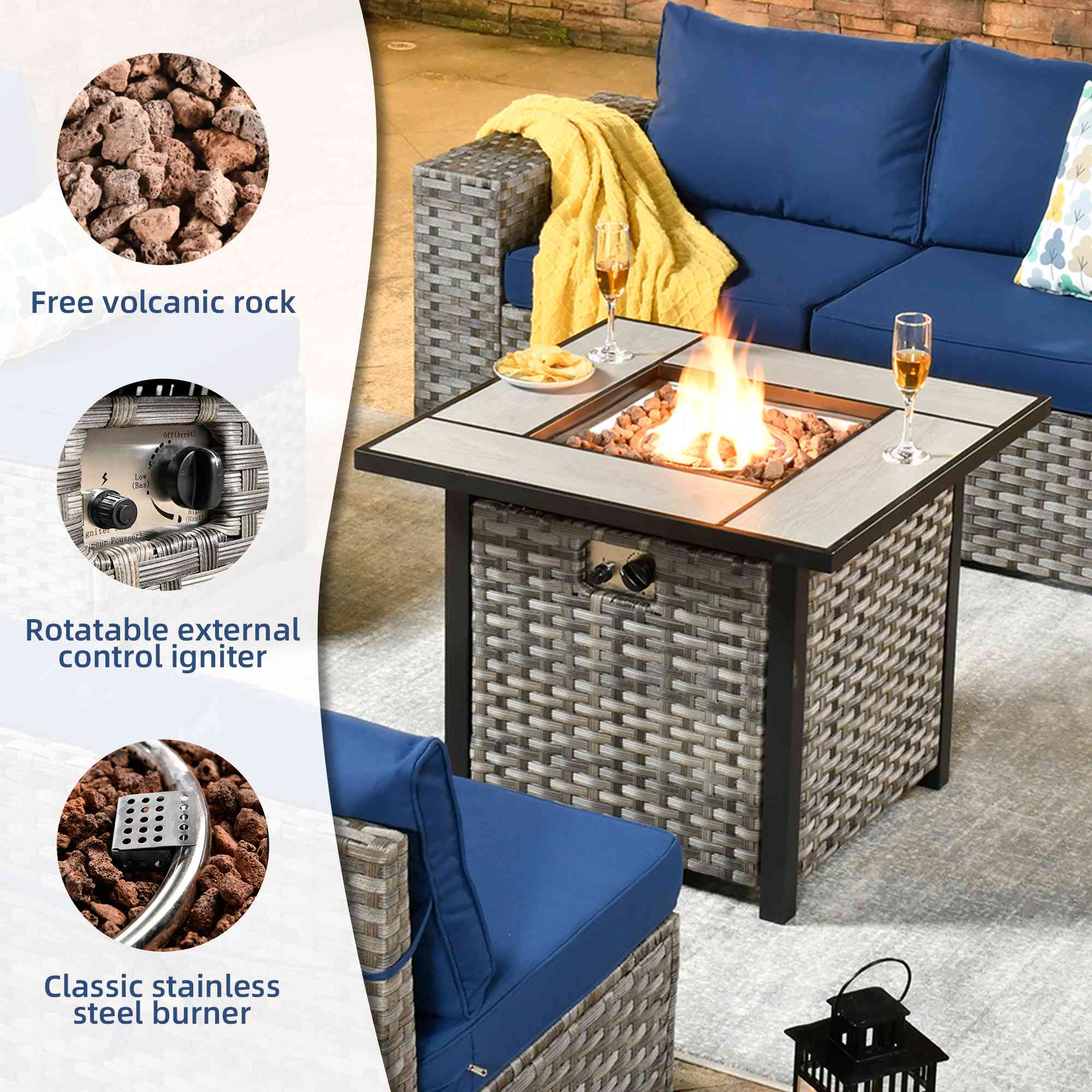 OVIOS 7 Pieces Patio Furniture Set with 7.68'' Broad Handrails and 30'' Fire Pit Table