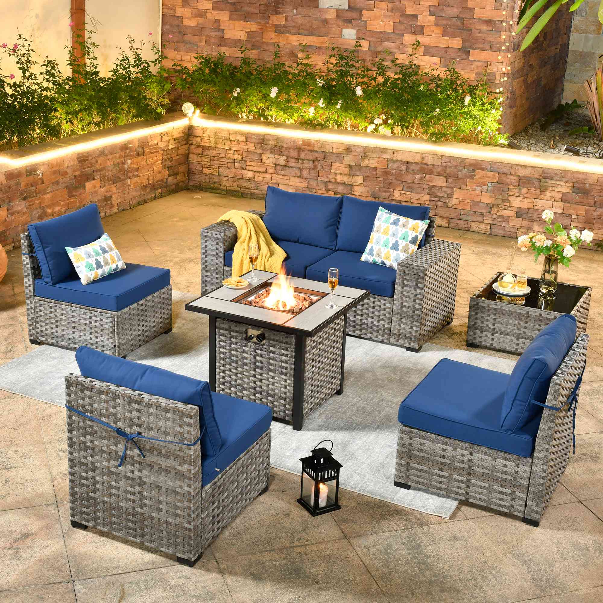 OVIOS 7 Pieces Patio Furniture Set with 7.68'' Broad Handrails and 30'' Fire Pit Table