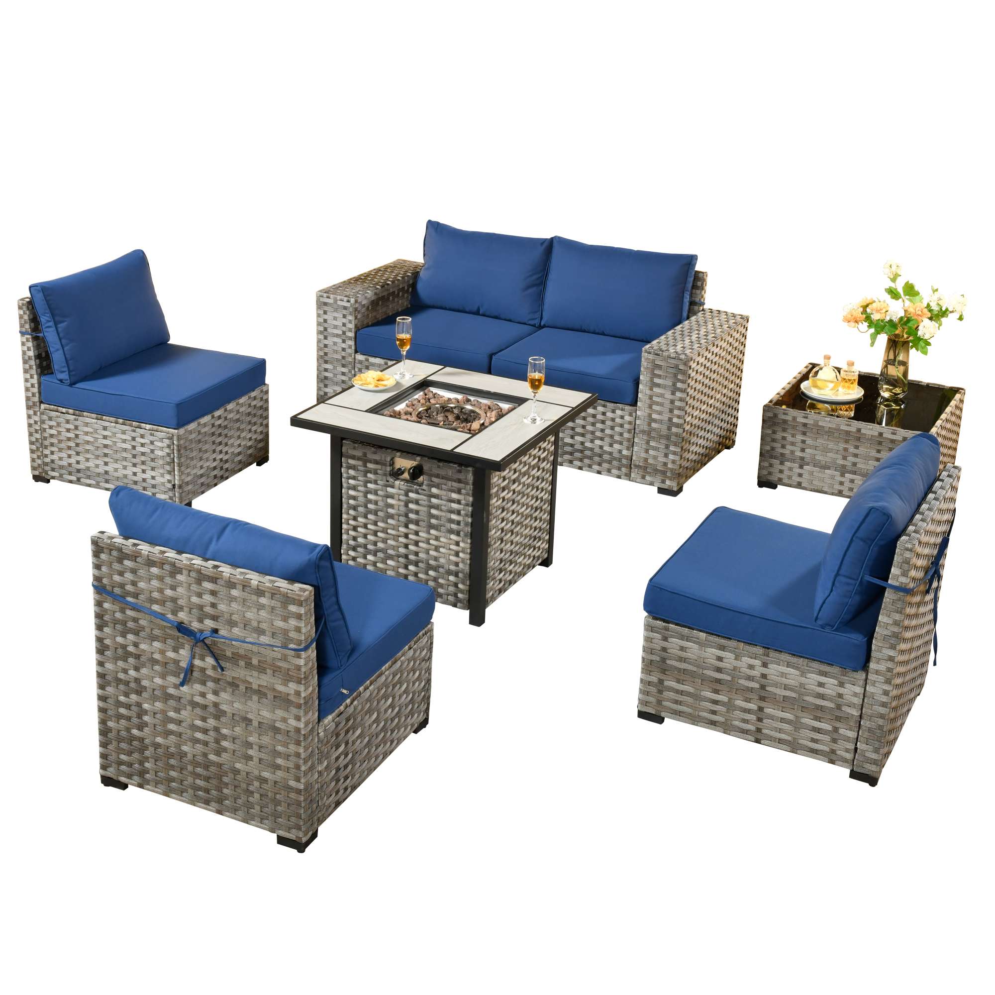 OVIOS 7 Pieces Patio Furniture Set with 7.68'' Broad Handrails and 30'' Fire Pit Table