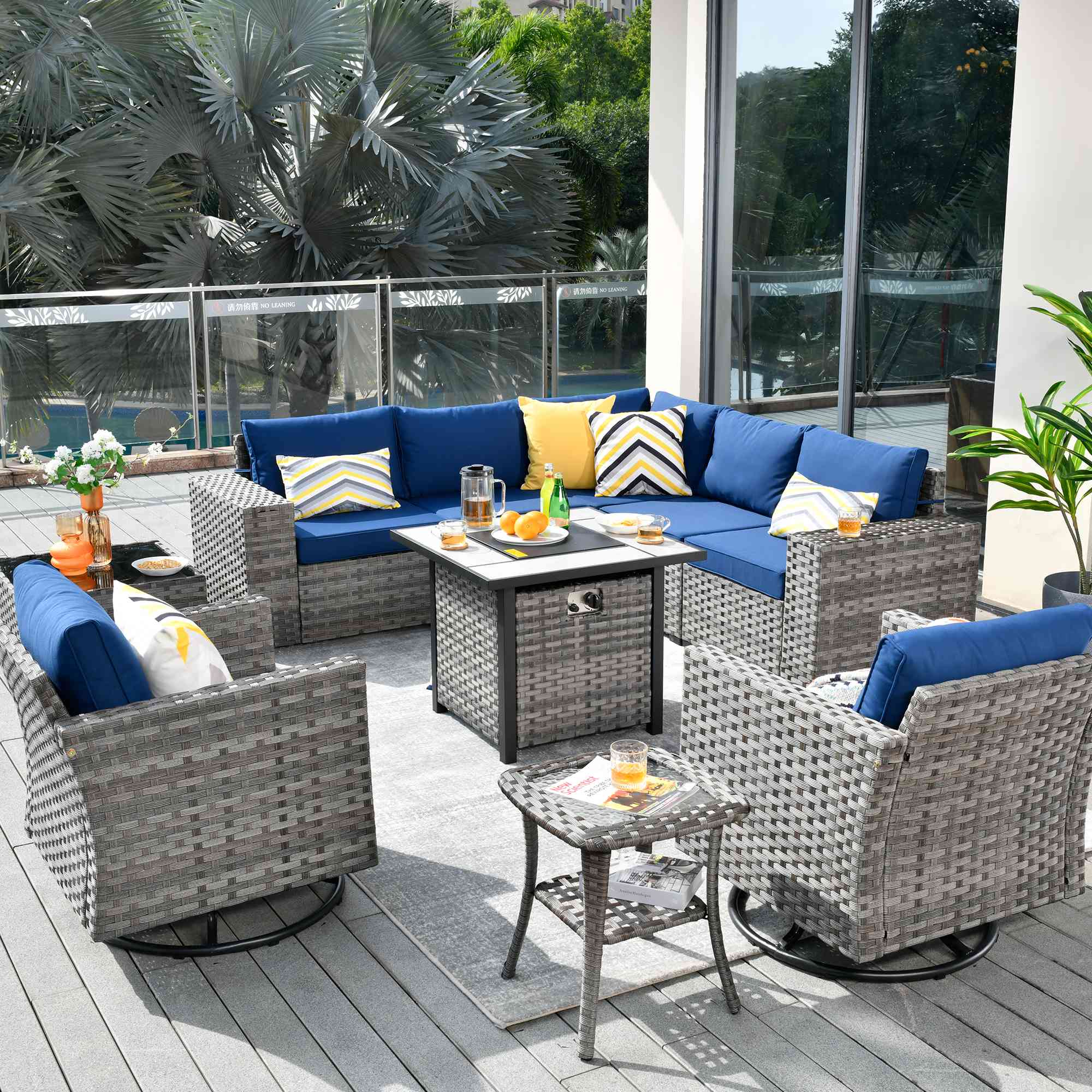 OVIOS 10-Piece Patio Furniture Set with Fire Pit Table - Gray Wicker and Blue Cushions #color_navy blue