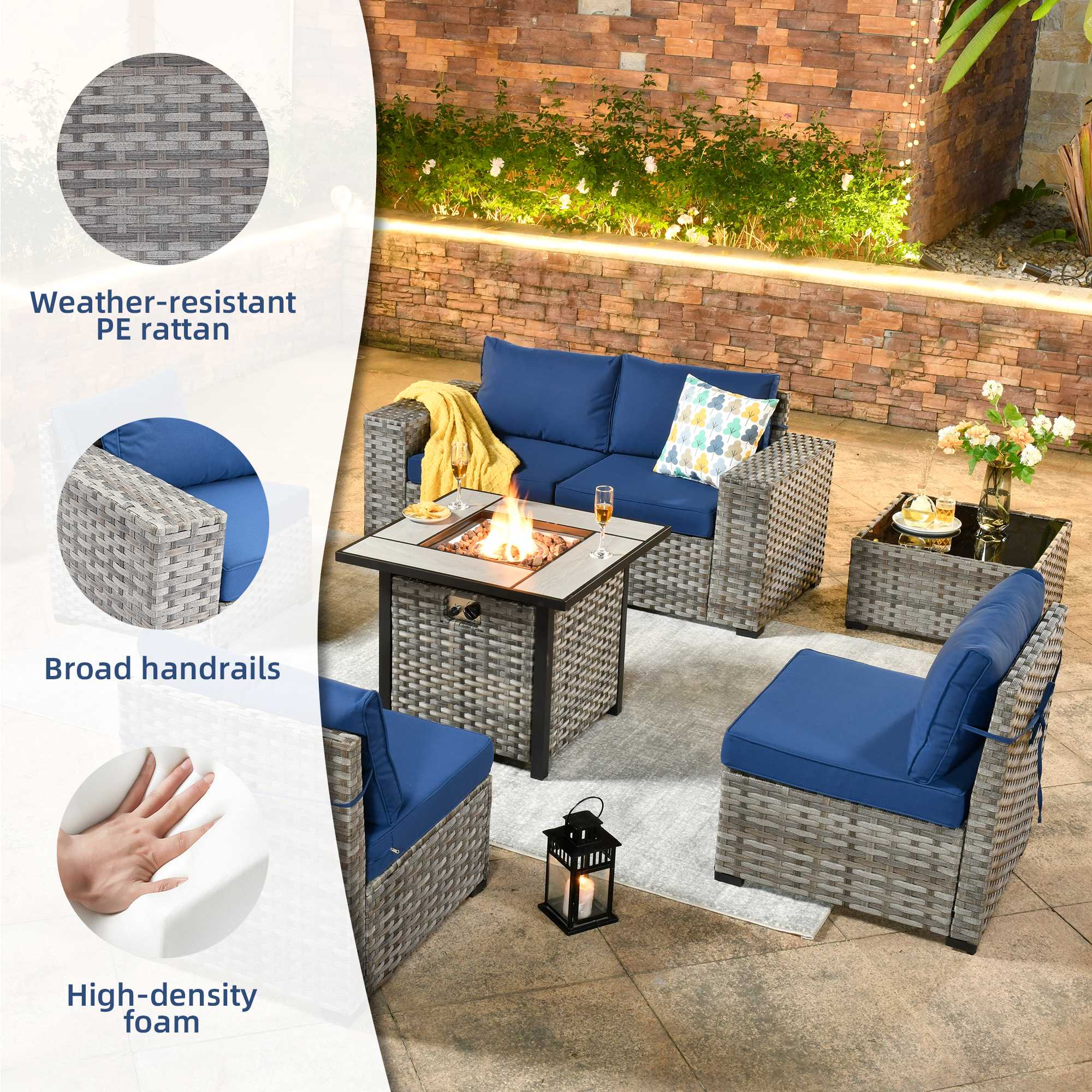 OVIOS 7 Pieces Patio Furniture Set with 7.68'' Broad Handrails and 30'' Fire Pit Table
