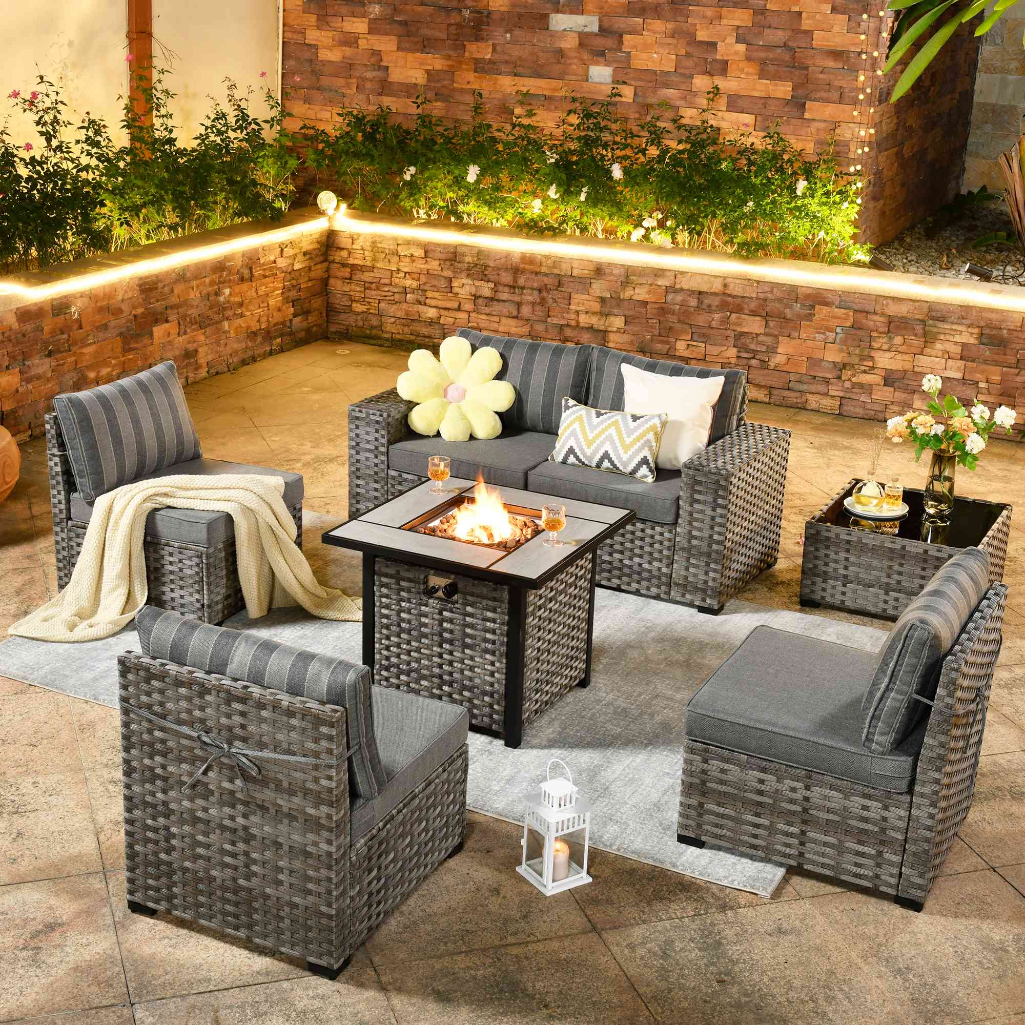 OVIOS 7 Pieces Patio Furniture Set with 7.68'' Broad Handrails and 30'' Fire Pit Table
