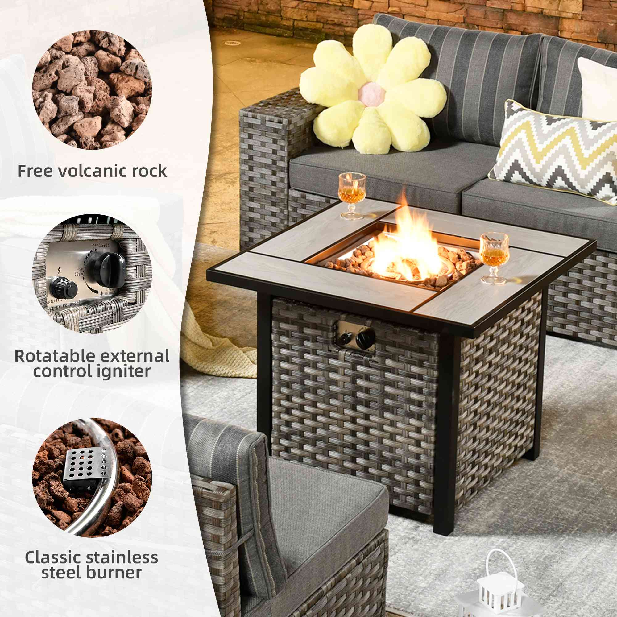 OVIOS 7 Pieces Patio Furniture Set with 7.68'' Broad Handrails and 30'' Fire Pit Table