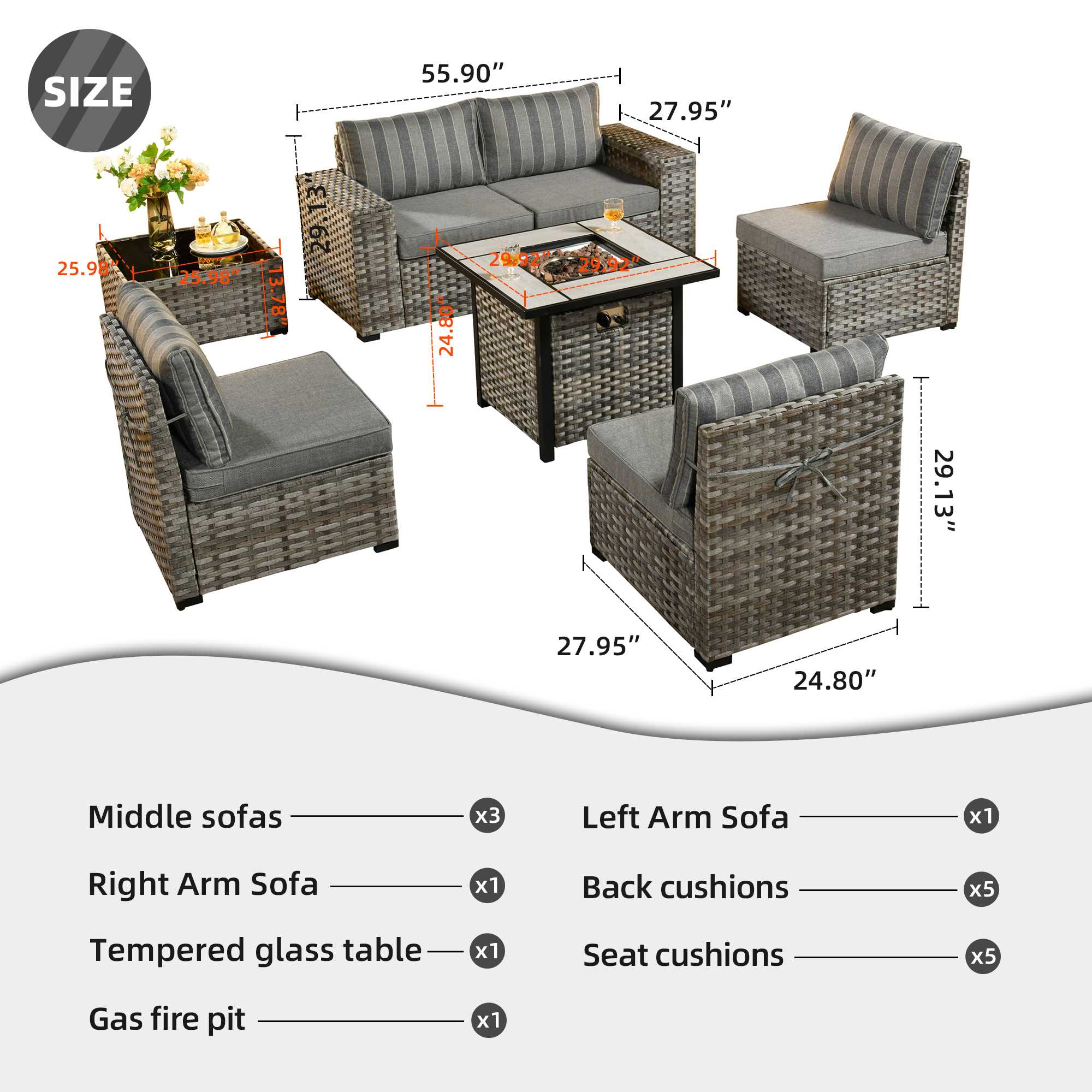 OVIOS 7 Pieces Patio Furniture Set with 7.68'' Broad Handrails and 30'' Fire Pit Table