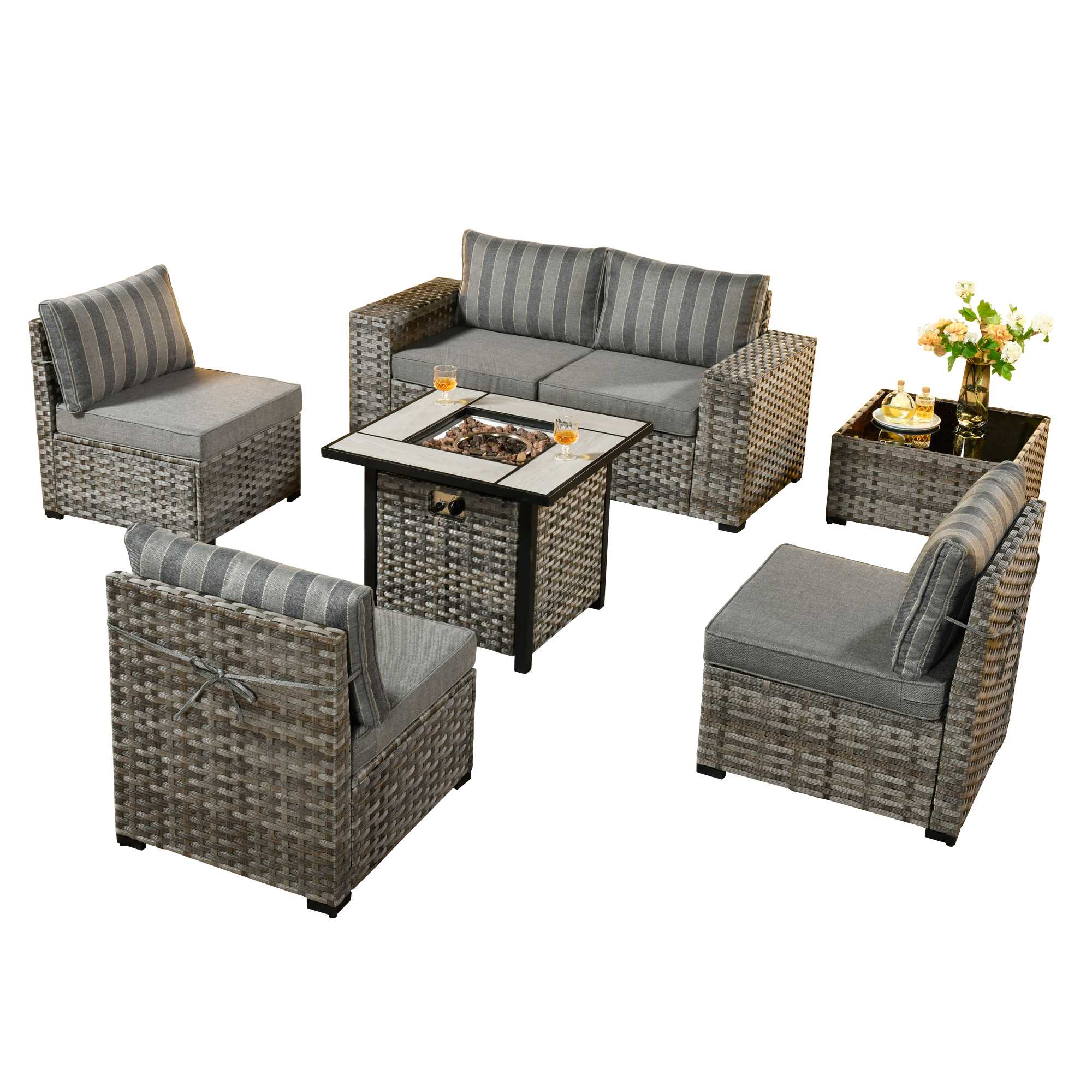 OVIOS 7 Pieces Patio Furniture Set with 7.68'' Broad Handrails and 30'' Fire Pit Table