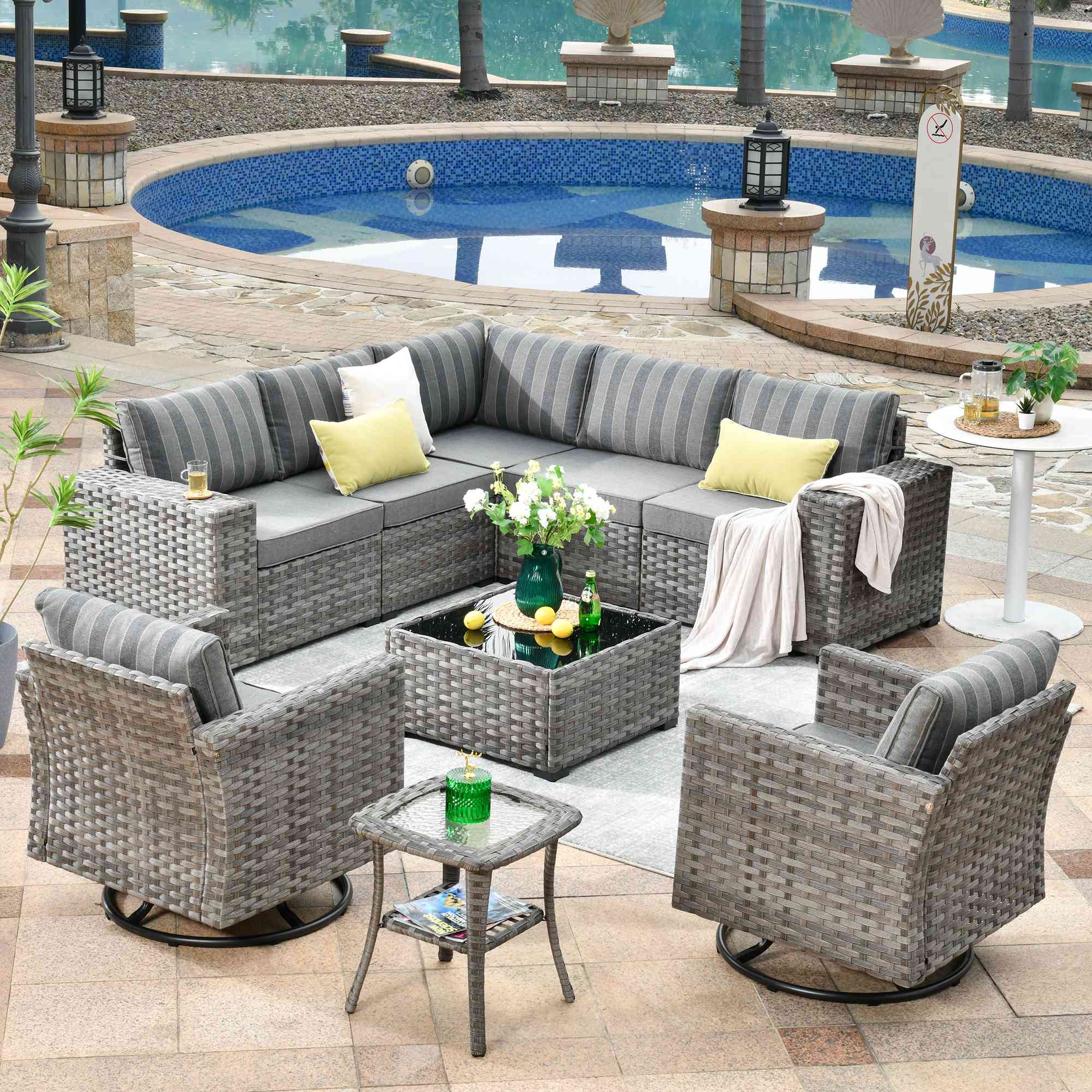 OVIOS 9-Piece Outdoor Furniture Set in gray wicker with swivel chairs near pool #color_strip grey