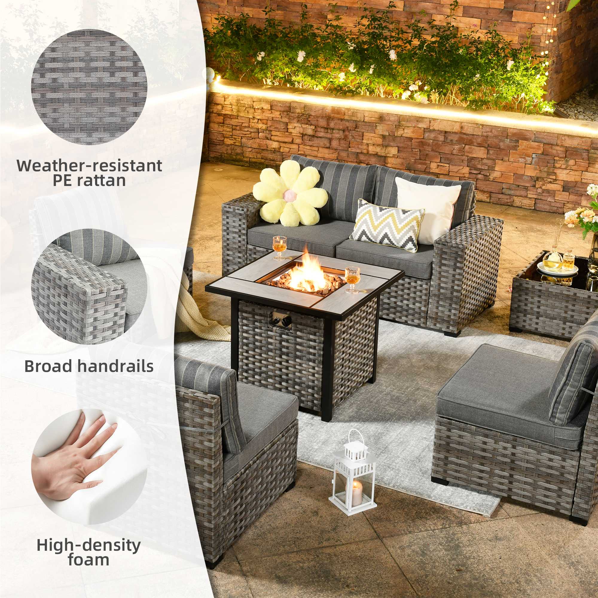 OVIOS 7 Pieces Patio Furniture Set with 7.68'' Broad Handrails and 30'' Fire Pit Table