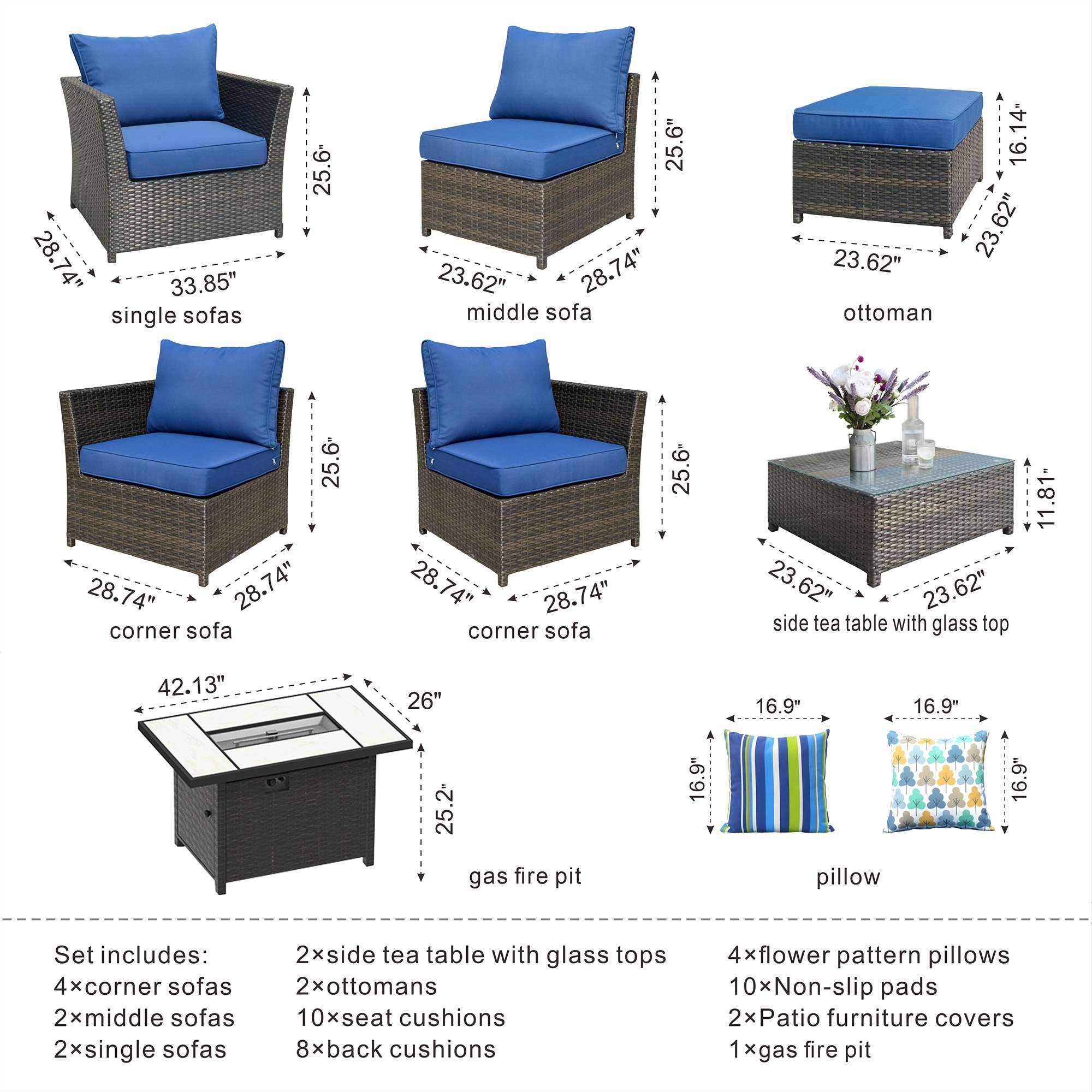 OVIOS 42'' Rectangle Propane Fire Pit Table Brown wicker for Rimaru Series