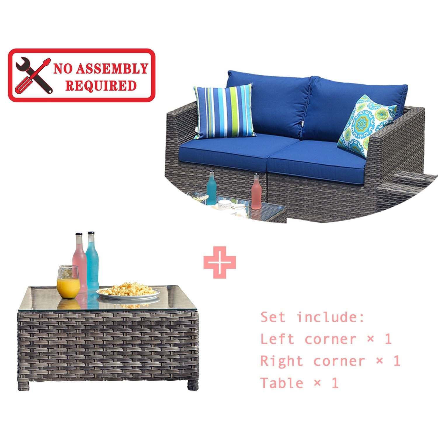 Ovios Patio Furniture Set Bigger Size 3-Piece Couch with Table, King Series, No Assembly Required