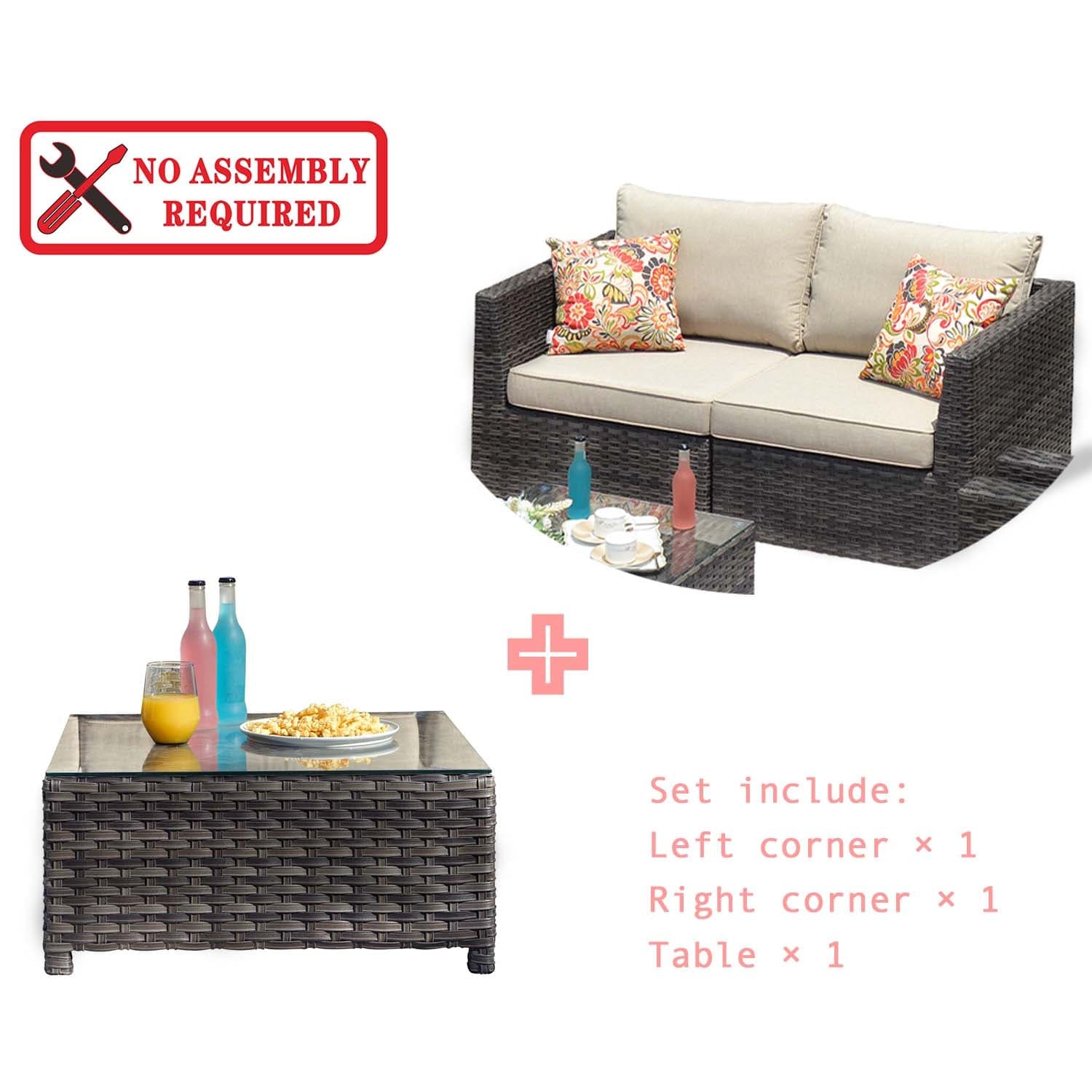 Ovios Patio Furniture Set Bigger Size 3-Piece Couch with Table, King Series, No Assembly Required