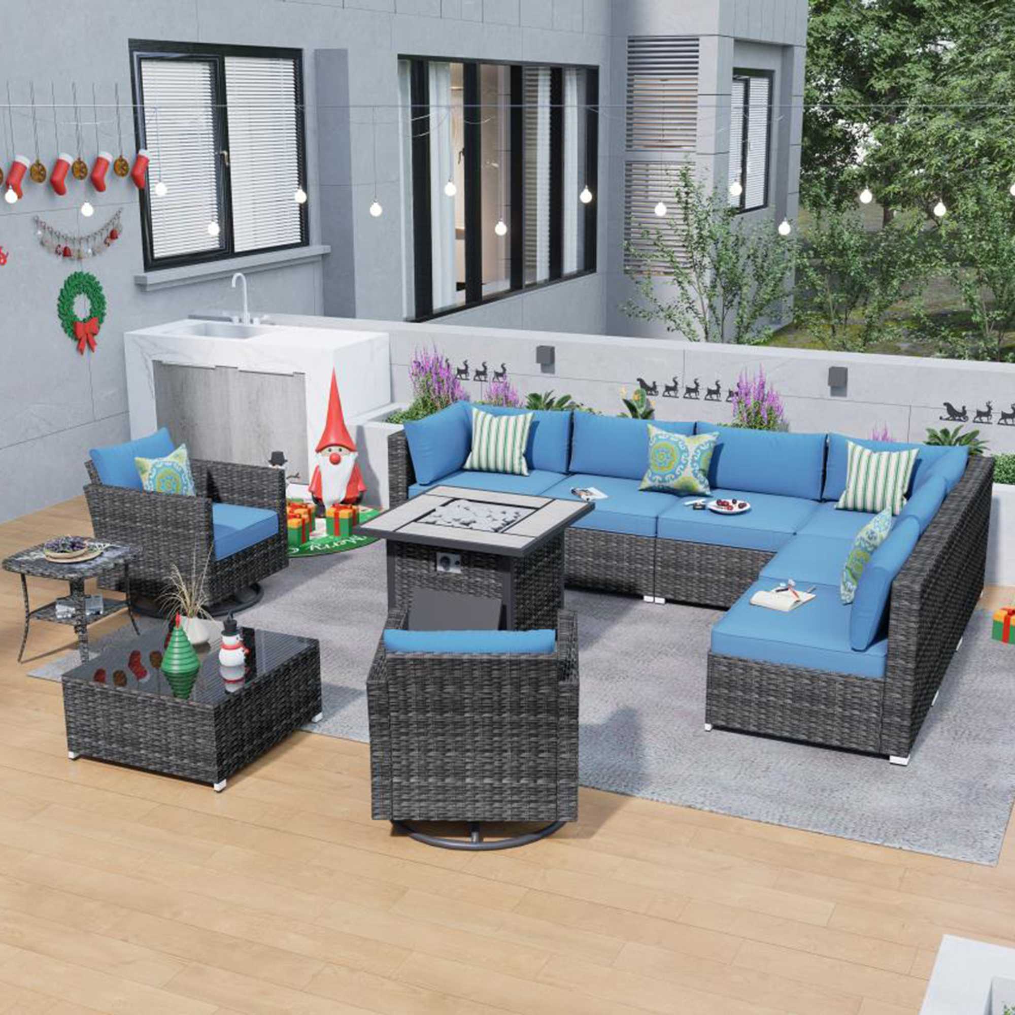 OVIOS Outdoor Sectional Furniture 11-Piece with Rocking Chair and 30'' Fire Pit Table