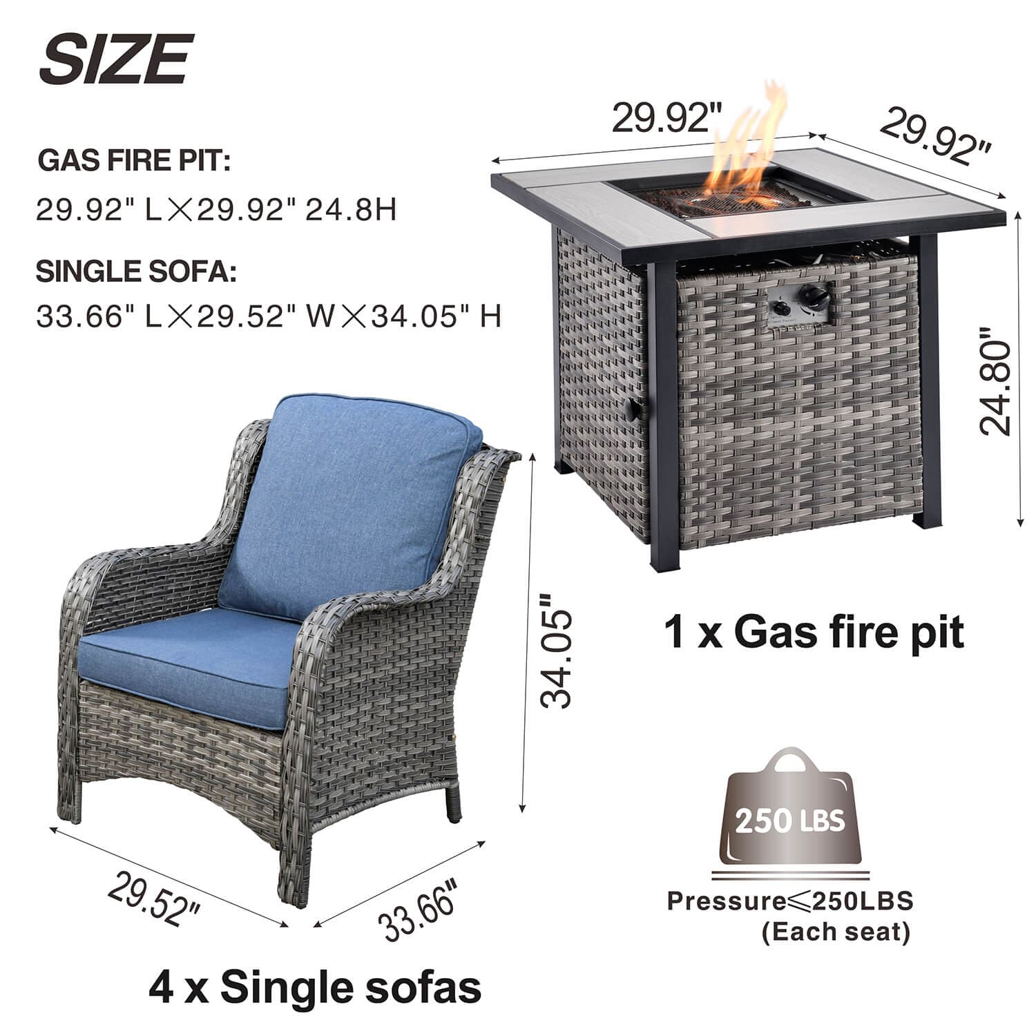Ovios Outdoor Furniture 5-Piece with 30'' Fire Pit Table and Kenard Chairs