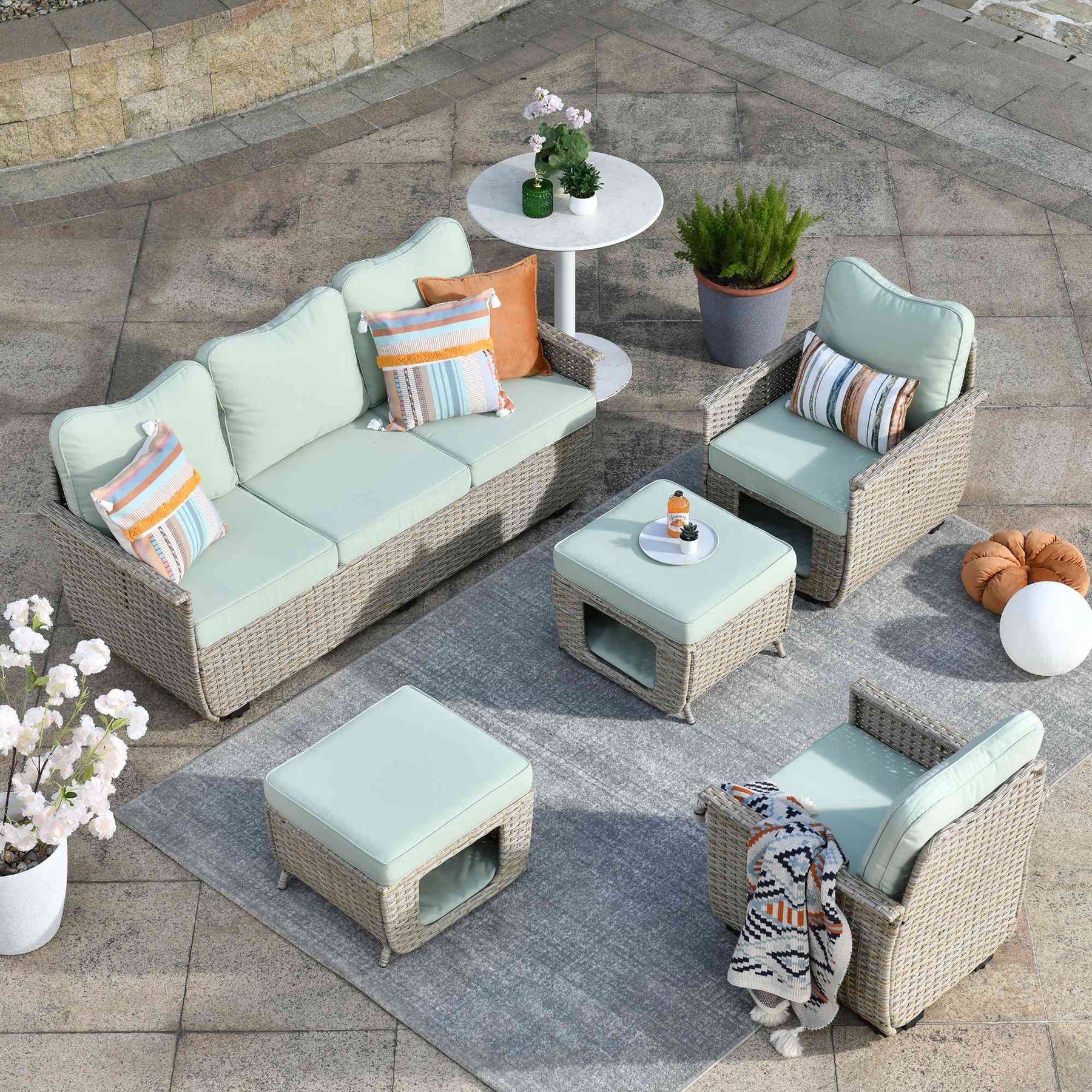 Ovios Patio Conversation Set 5 Pieces Beige Wicker with Multifunctional Storage