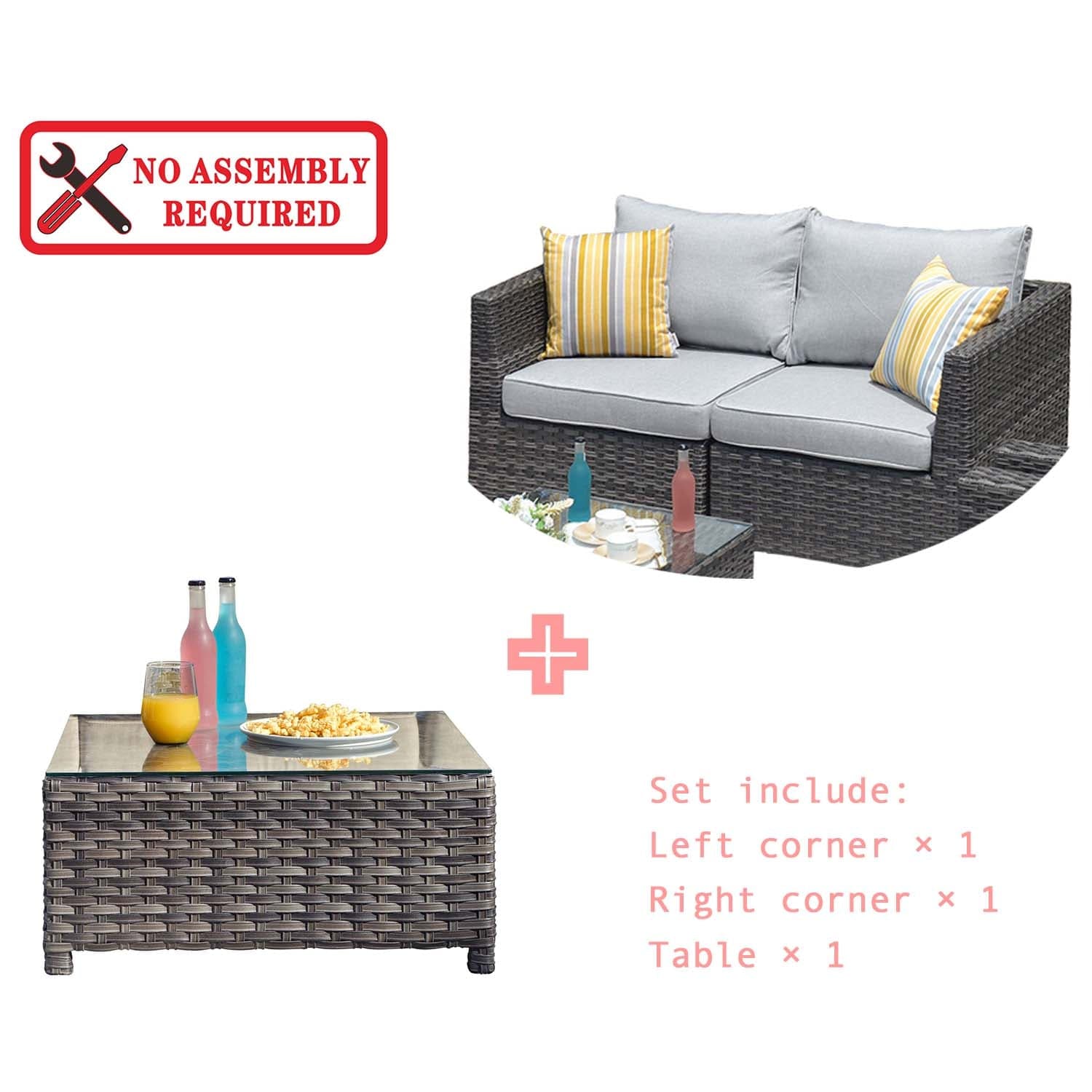 Ovios Patio Furniture Set Bigger Size 3-Piece Couch with Table, King Series, No Assembly Required