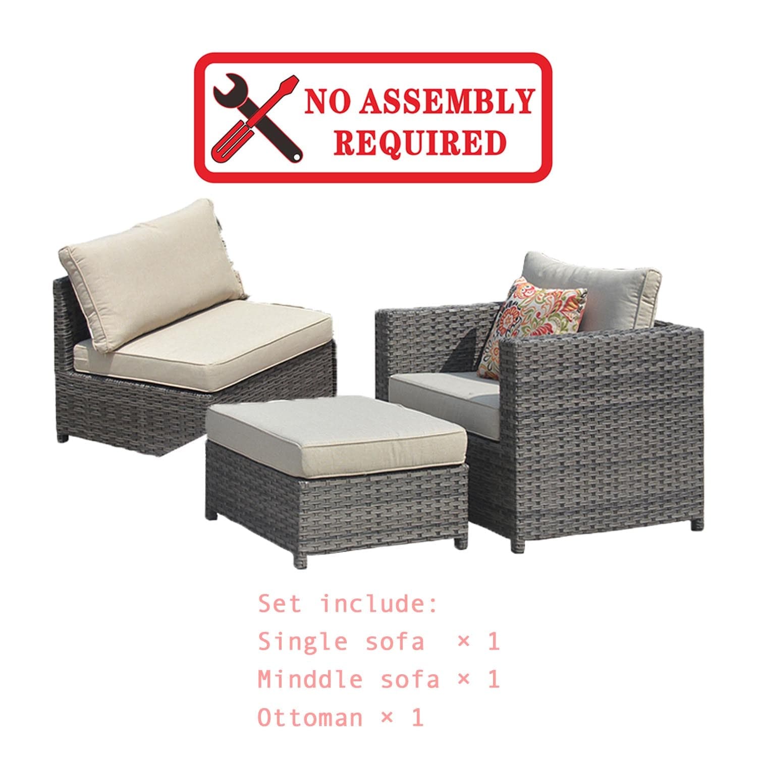 Ovios Outdoor Furniture 3-Piece Patio Chair with Ottoman, King Series, No Assemble Required