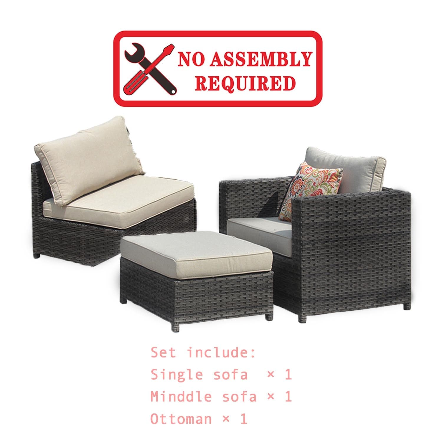 Ovios Outdoor Furniture 3-Piece Patio Chair with Ottoman, King Series, No Assemble Required