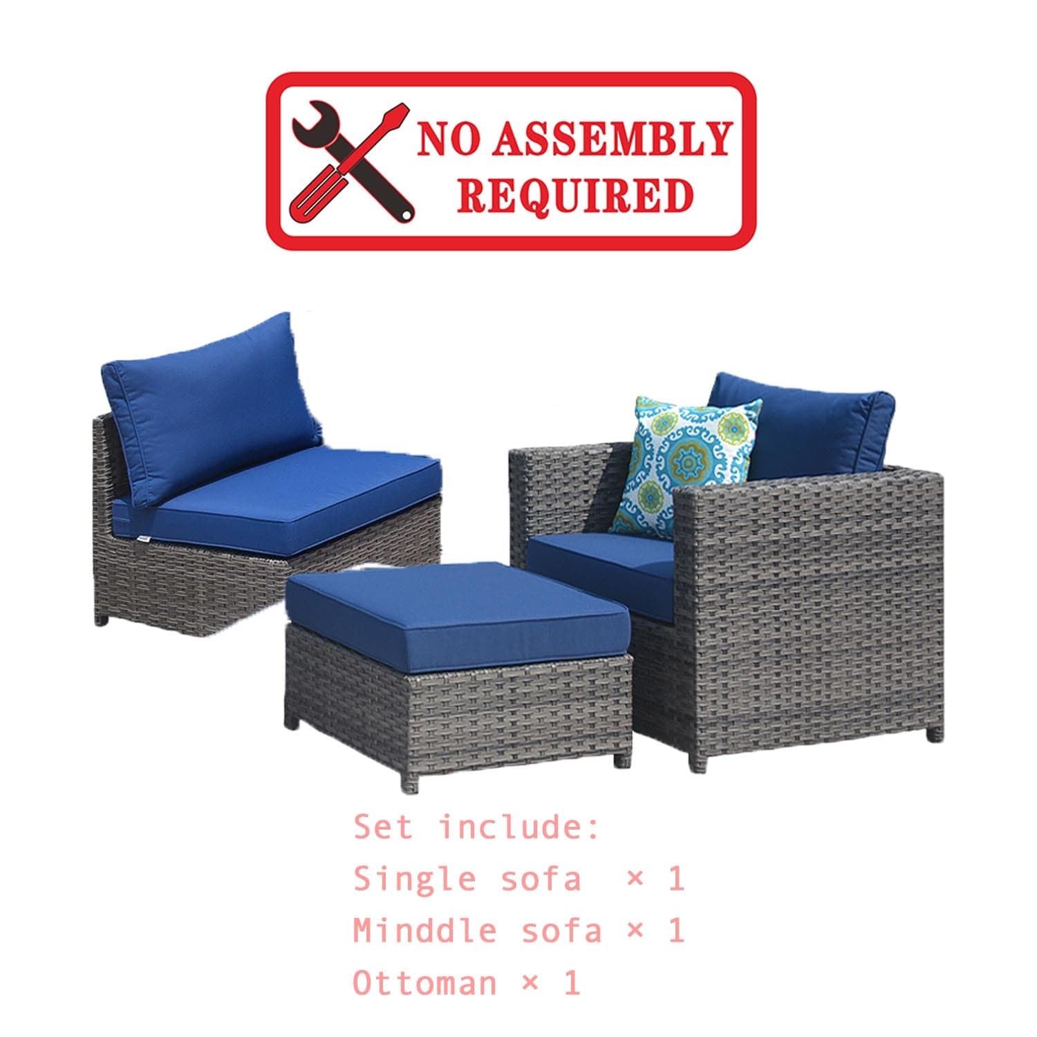 Ovios Outdoor Furniture 3-Piece Patio Chair with Ottoman, King Series, No Assemble Required