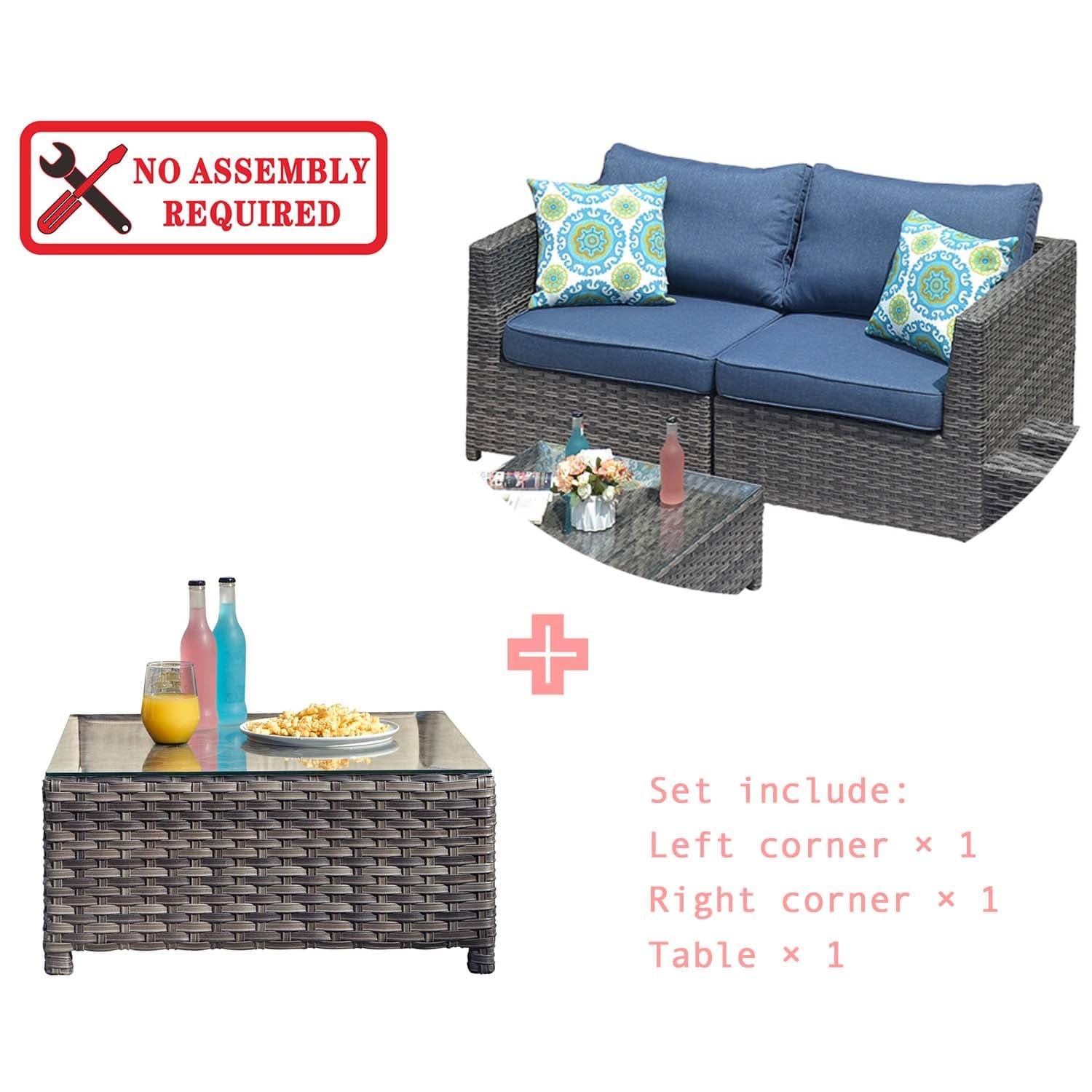 Ovios Patio Furniture Set Bigger Size 3-Piece Couch with Table, King Series, No Assembly Required