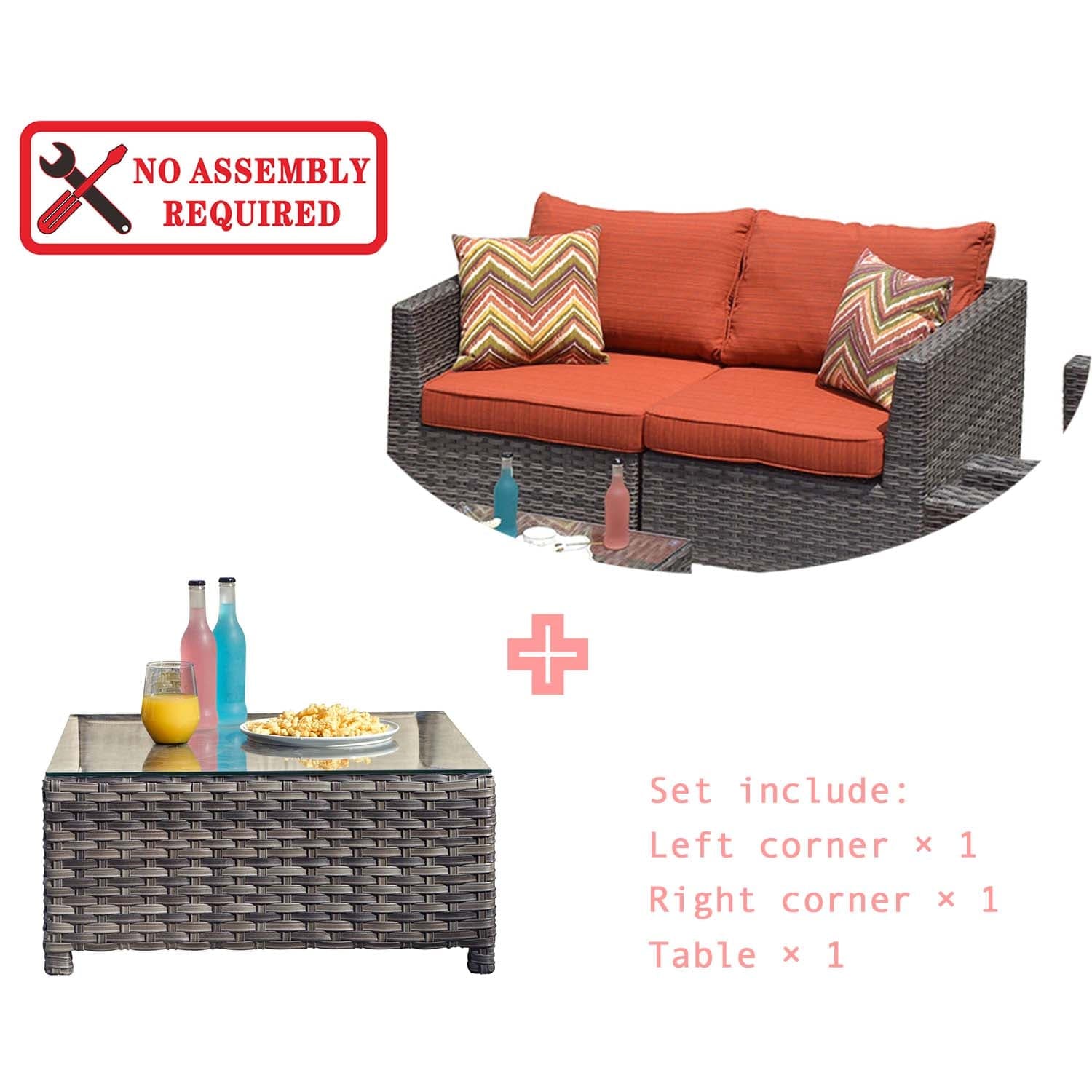 Ovios Patio Furniture Set Bigger Size 3-Piece Couch with Table, King Series, No Assembly Required