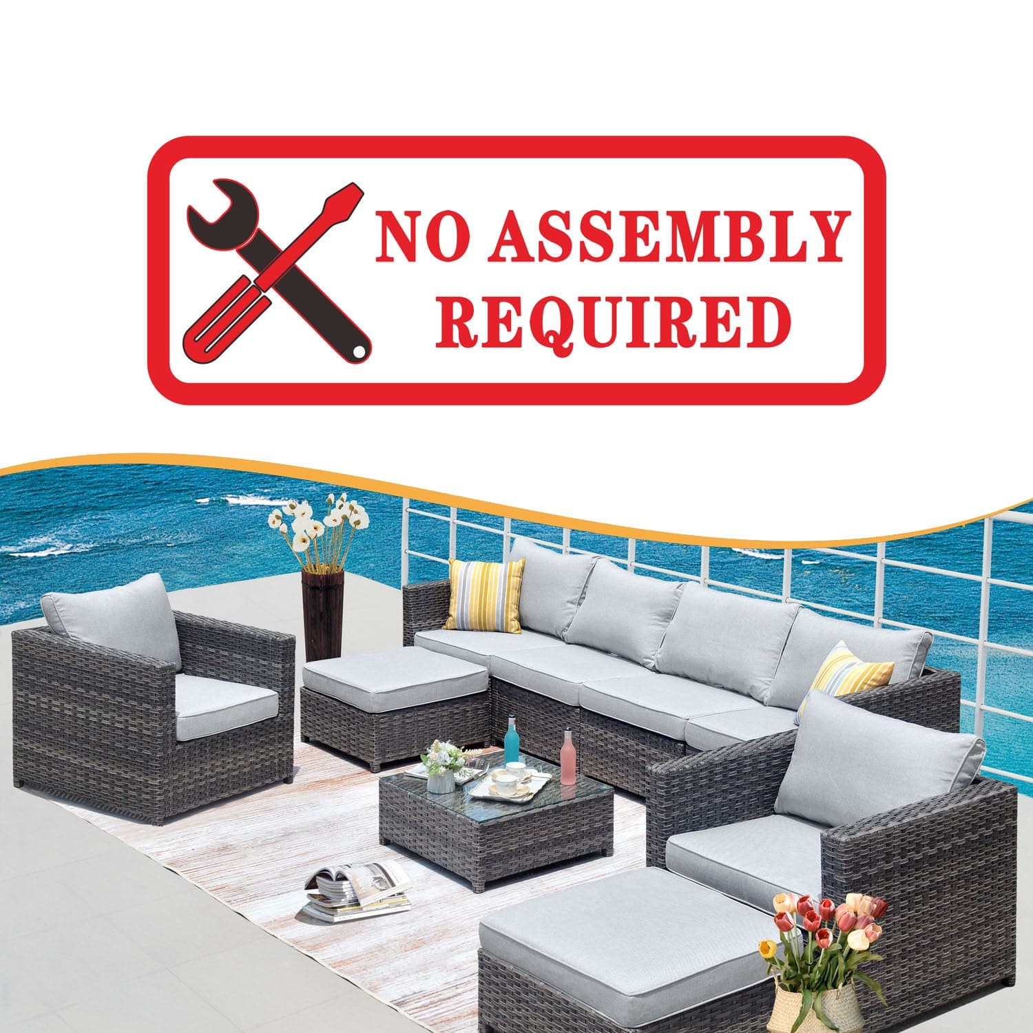 Ovios Outdoor Furniture Bigger Size 9-Piece, King Series, No Assembly Required, with 2 Chairs