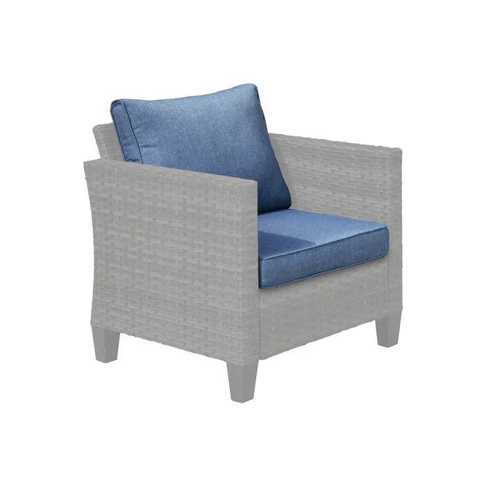 Ovios grey wicker patio armchair with comfortable blue textured cushions, featuring a clean modern design on a white background