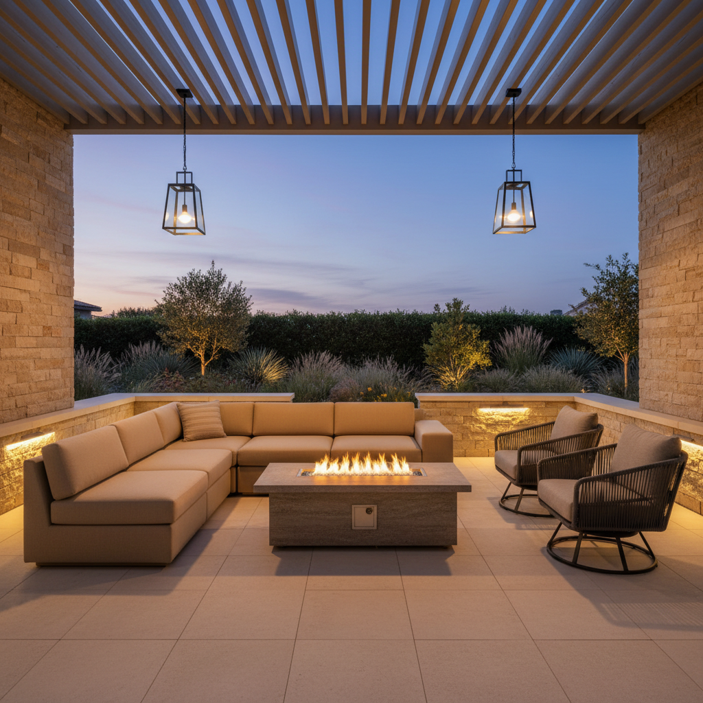 An Ovios outdoor living space featuring a modular sectional, swivel rockers, and a glowing propane fire pit table.