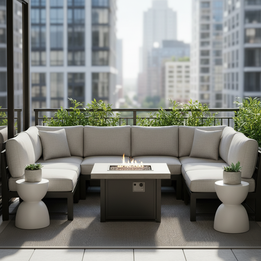 Modern modular patio sectional arranged in a small urban balcony, showing smart space utilization with natural light.