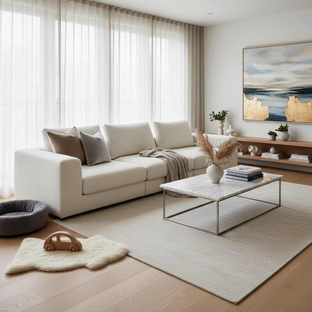 A stylish modern living room with a neutral-tone sofa designed for family-friendly, stain-resistant comfort.