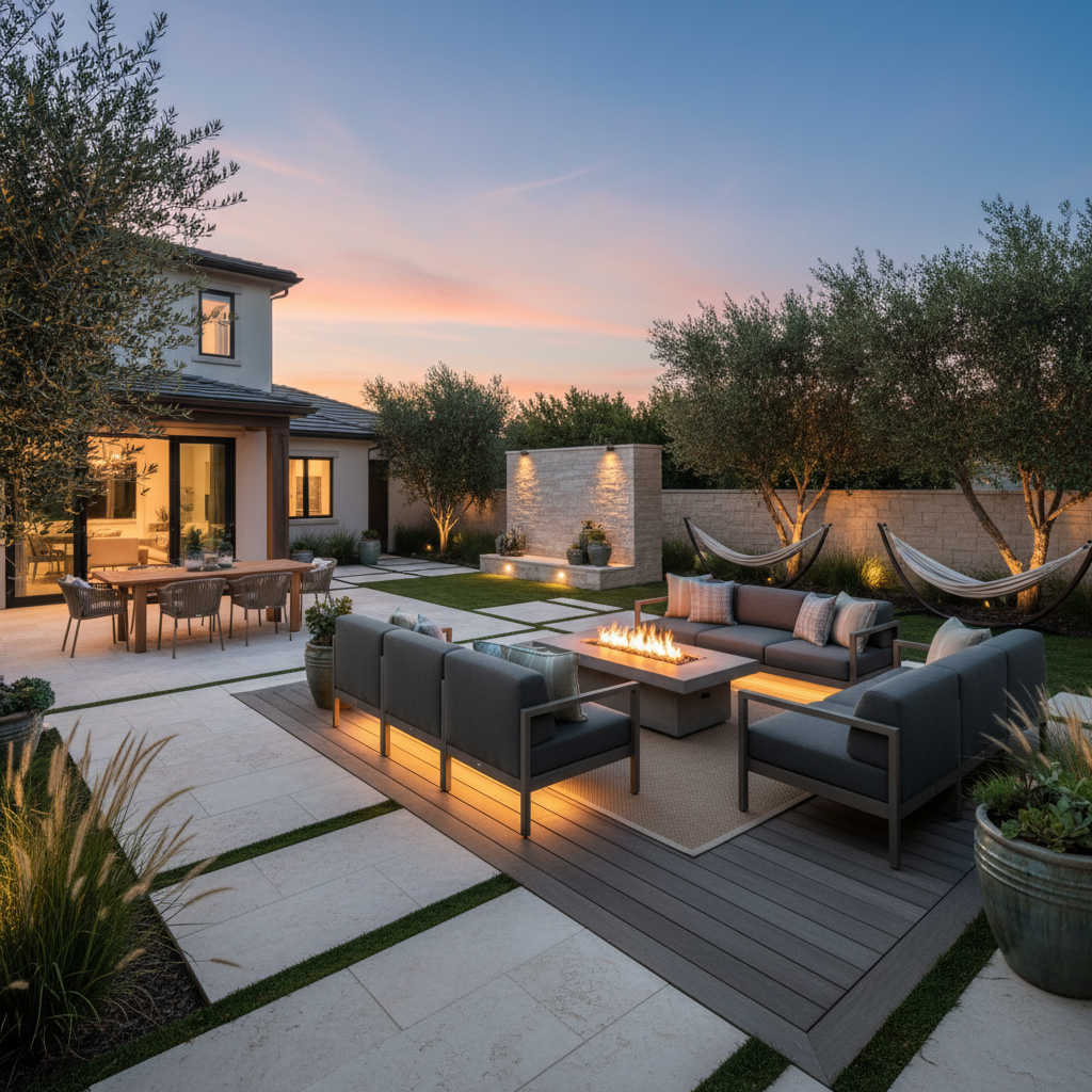 A wide upscale outdoor patio with modular sectional seating, a centered fire pit table at a safe distance, and spacious circulation in a high-end residential backyard at dusk.