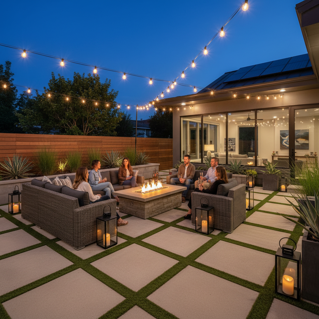 A spacious outdoor patio with a large modular sectional surrounding a lit fire pit table, warm evening lighting, and a few people conversing at a safe distance.