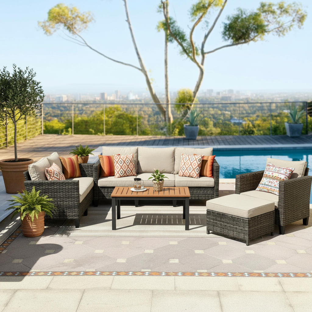 An upscale-looking modern outdoor sectional on a stylish patio, creating a luxurious impression with clean lines, neutral tones, and a comfortable modular layout.